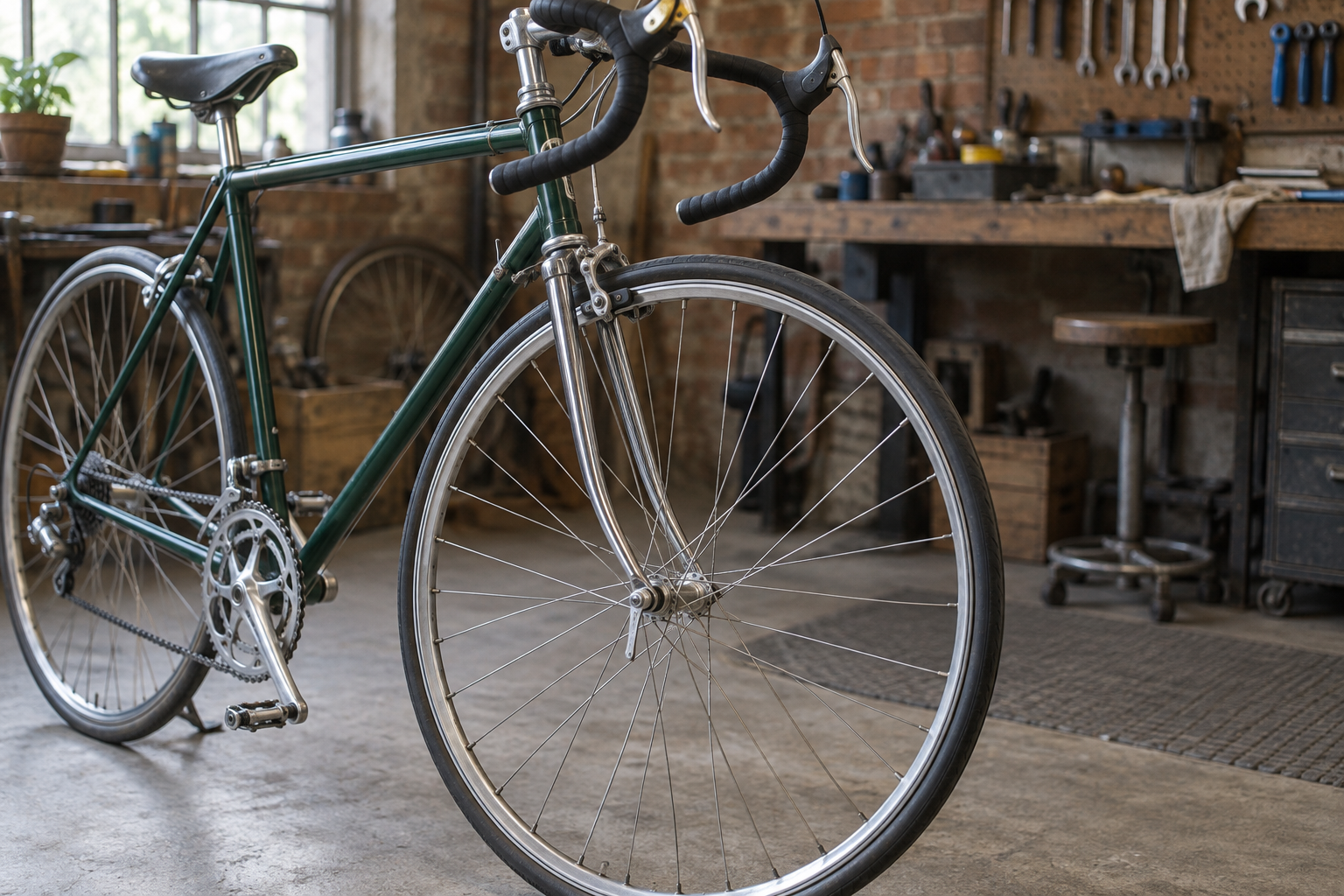 Illustrative view of a classic road bicycle in a workshop