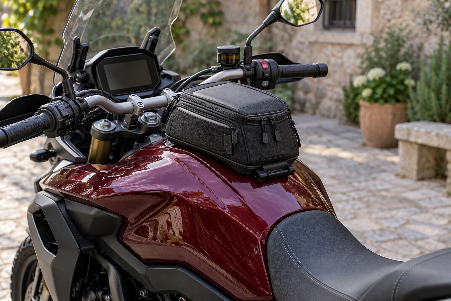 A compact black bag above a motorcycle fuel tank. Editorial illustration.