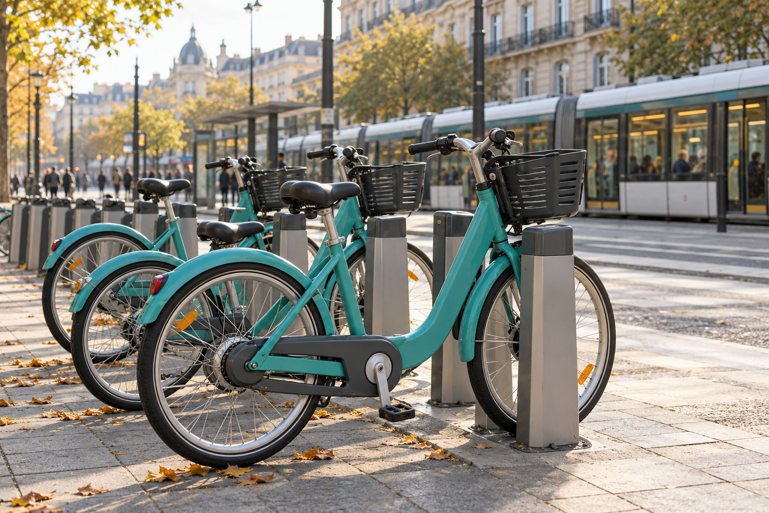 Illustrative scene of a bicycle sharing station beside a tram stop.