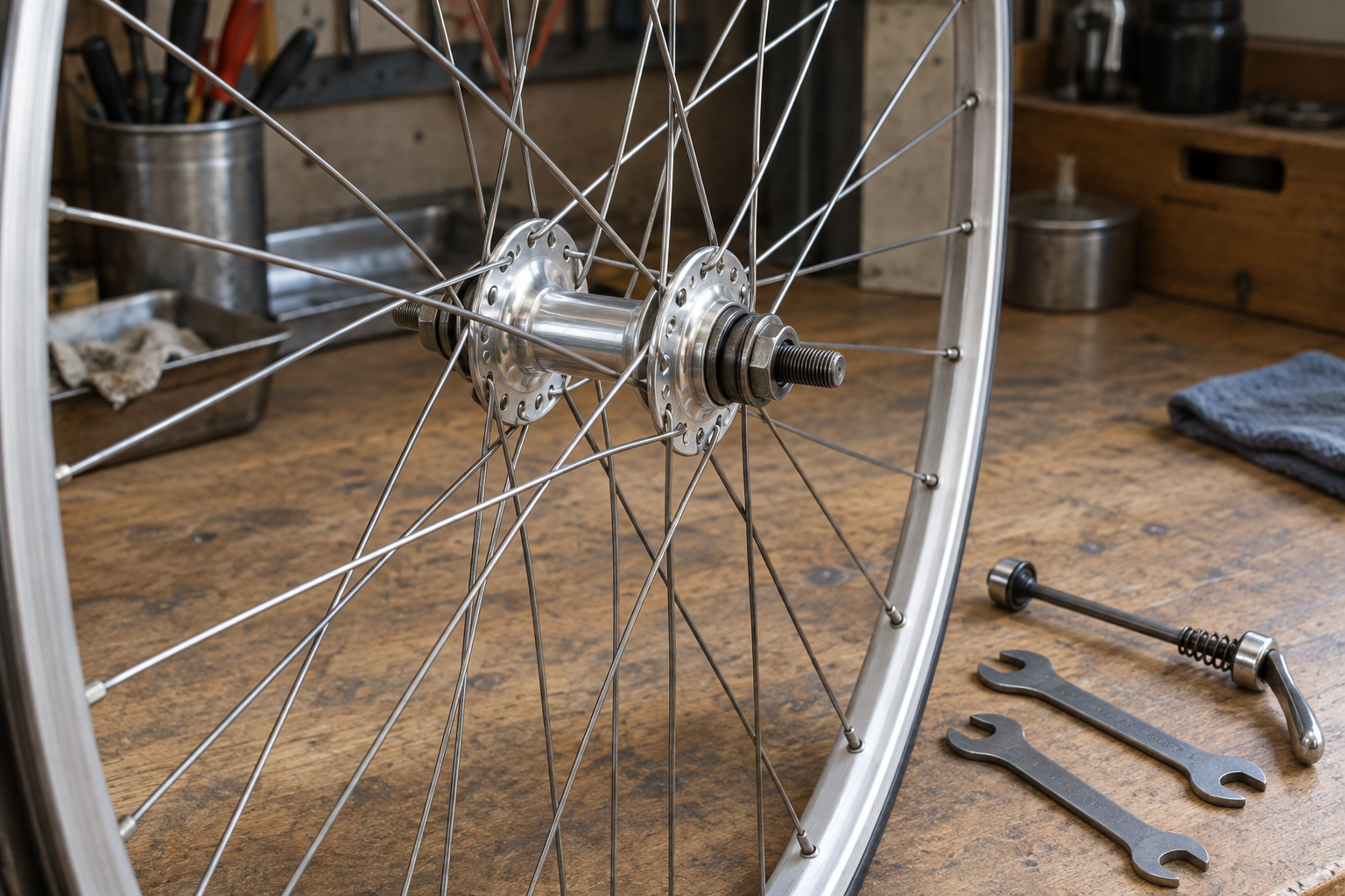 A bicycle front hub and cone spanners in a workshop