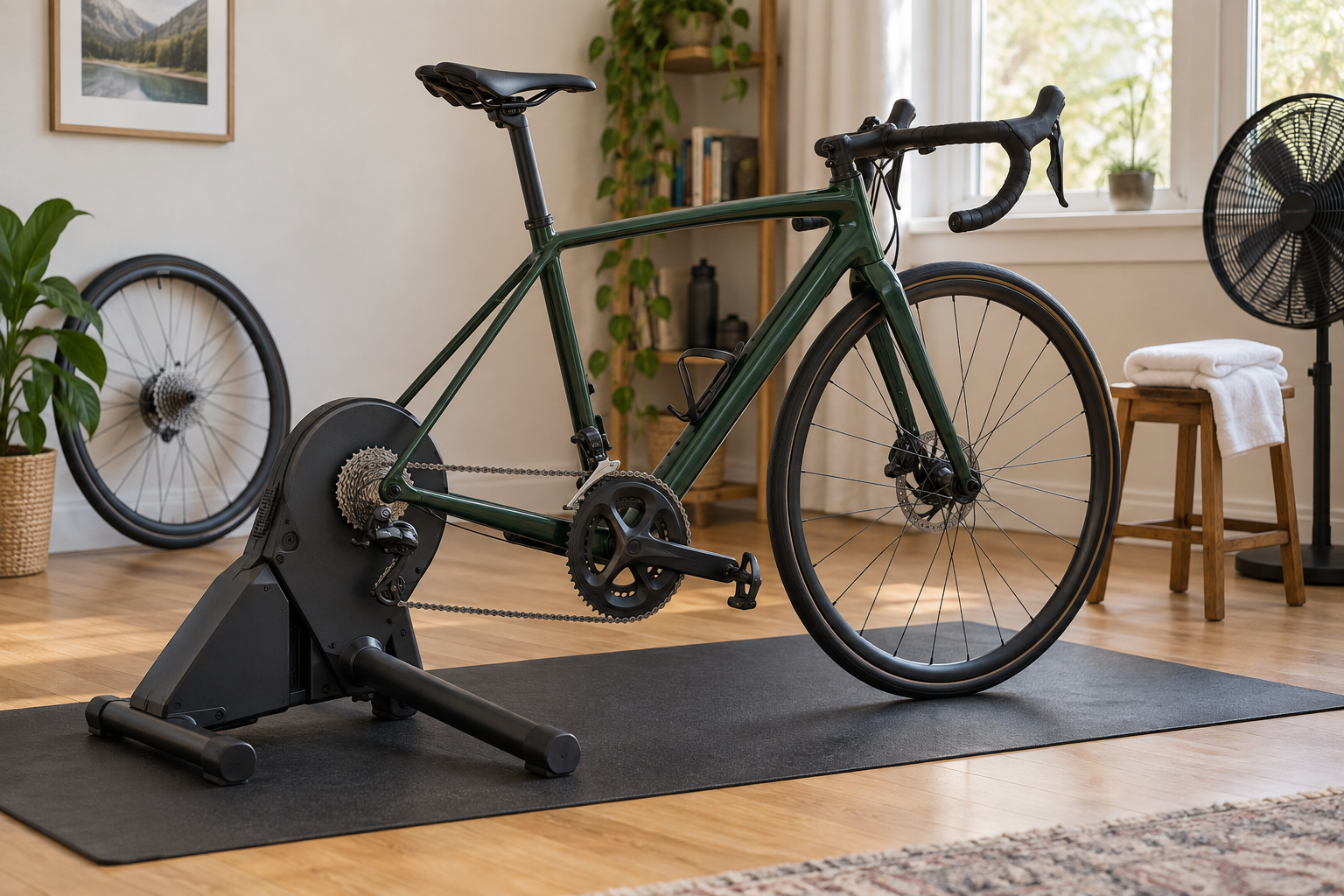 Illustrative view of a road bicycle on a direct-drive indoor trainer