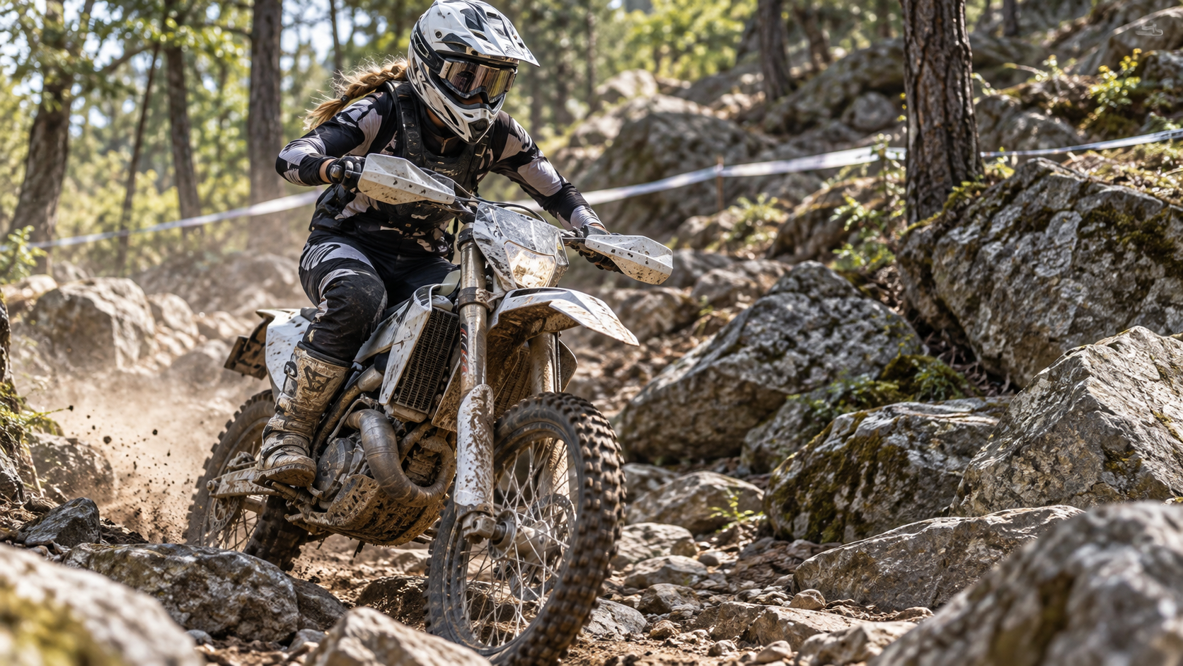 Enduro braucēja šķērso akmeņainu meža trasi