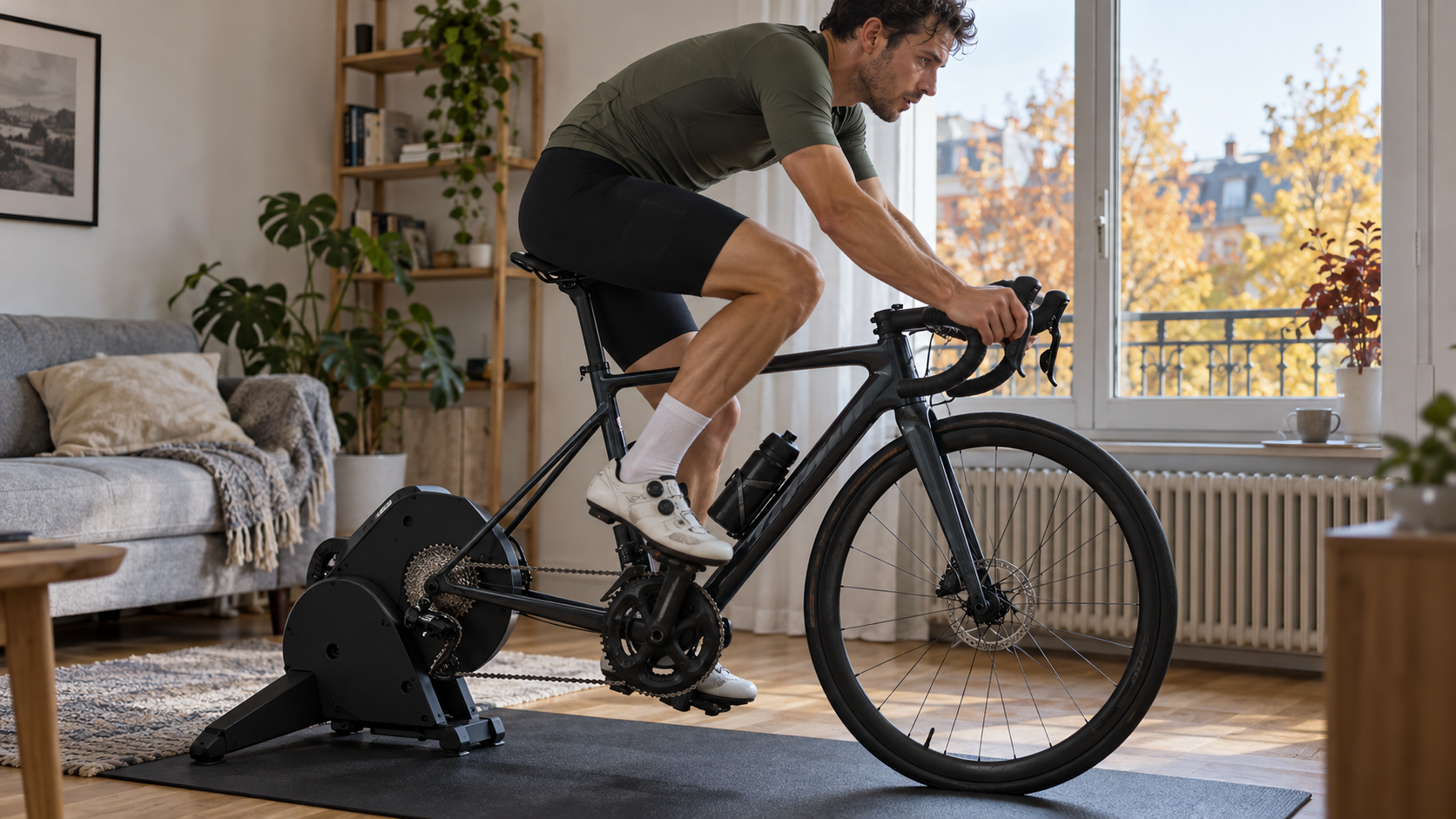 A cyclist trains indoors on a bicycle attached to a direct-drive trainer.