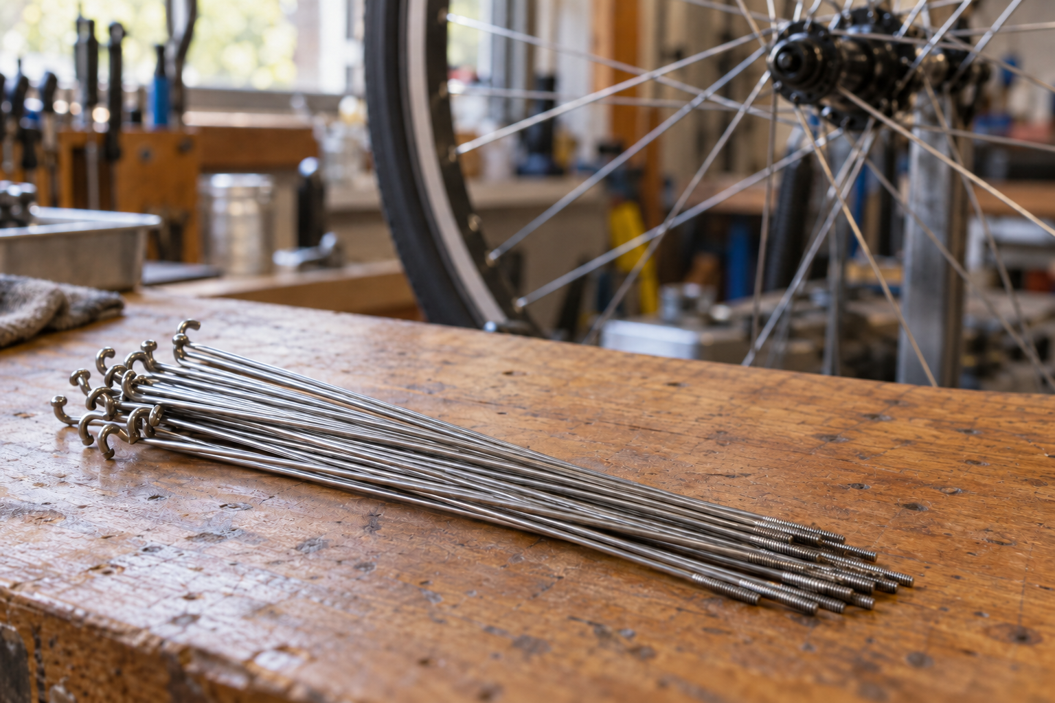 Editorial illustration: steel bicycle spokes on a workshop bench, with a wheel in the background.