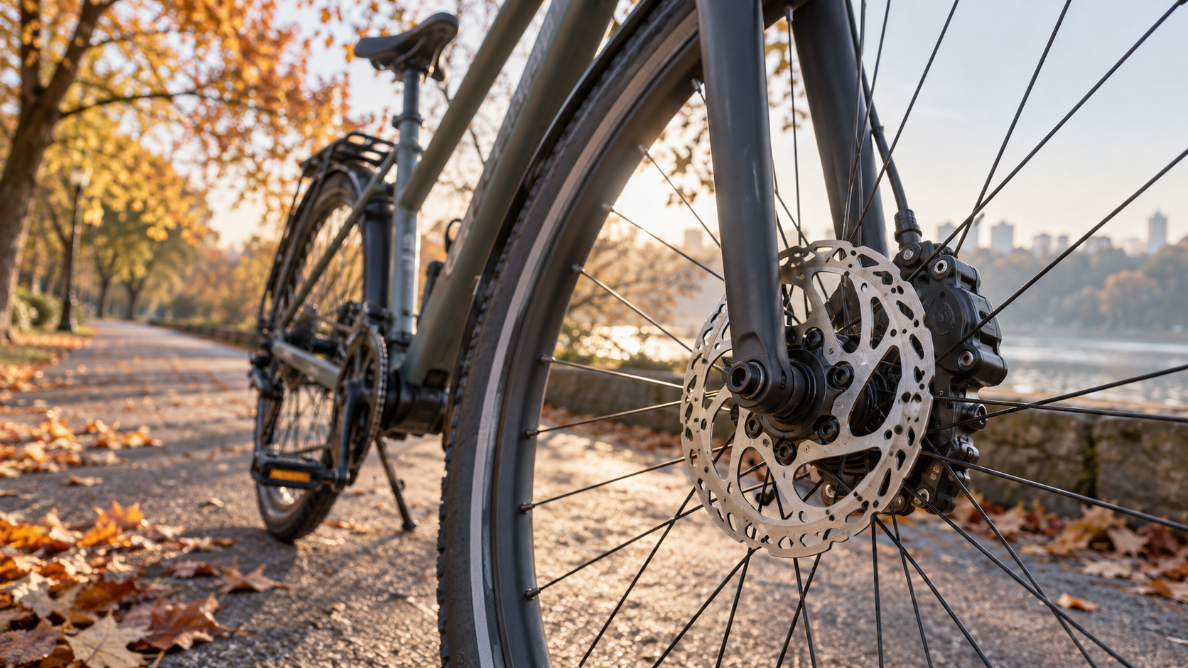 Velosipēda priekšējā riteņa disku bremze rudens gaismā