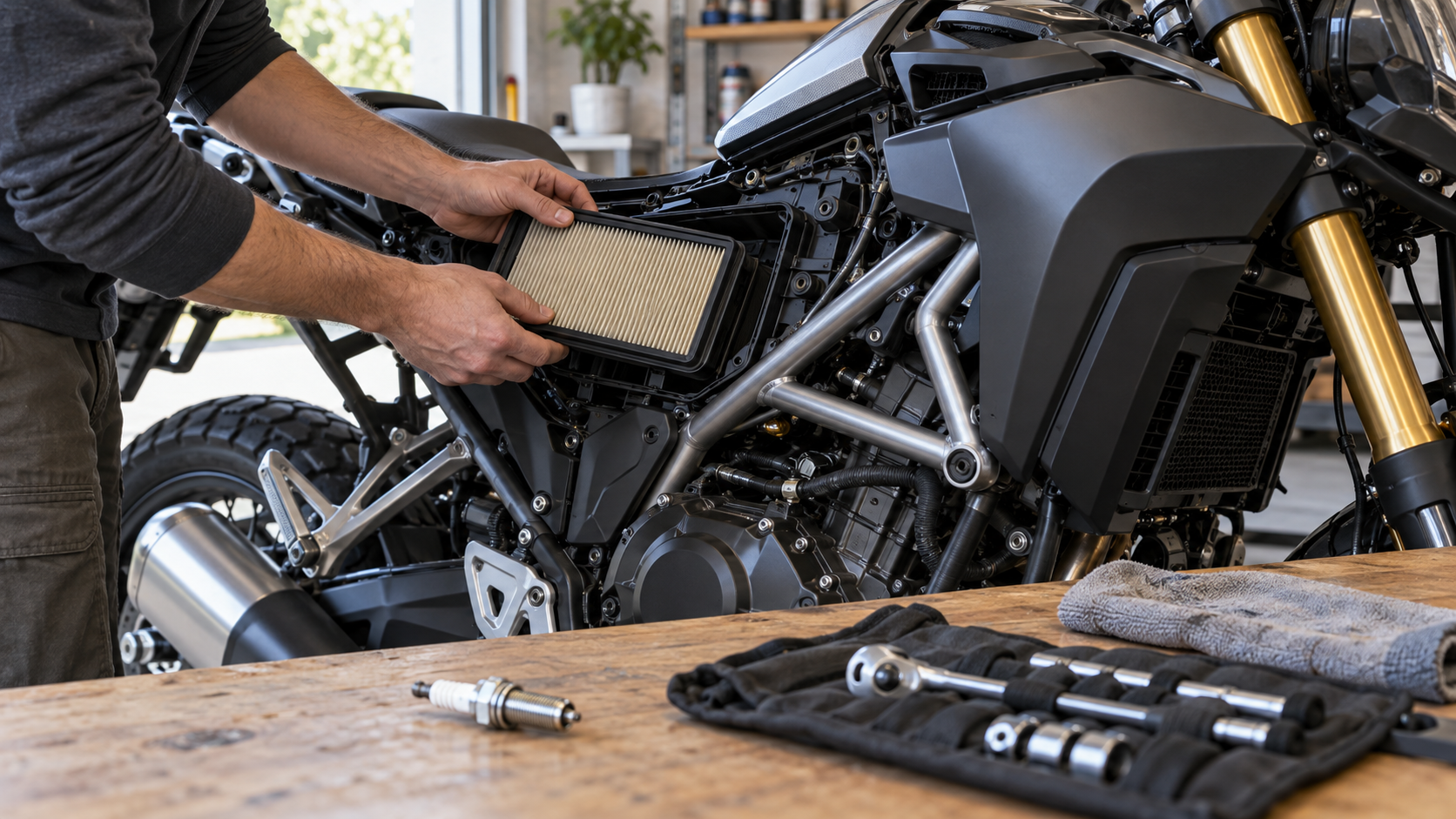 A motorcycle air filter being inspected in a workshop, with a spark plug on the bench