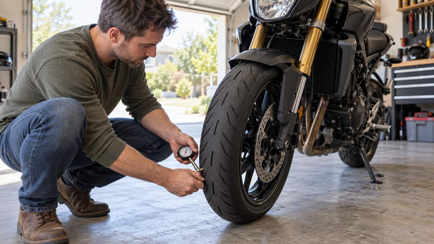Measuring motorcycle tyre pressure with a gauge
