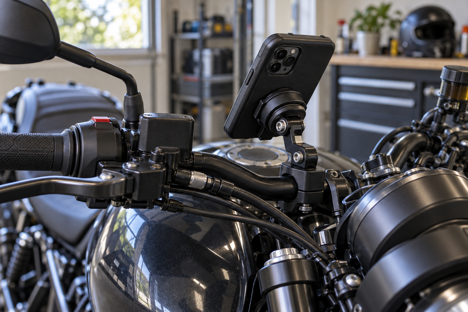 Illustrative smartphone mount on the handlebar of a parked motorcycle.