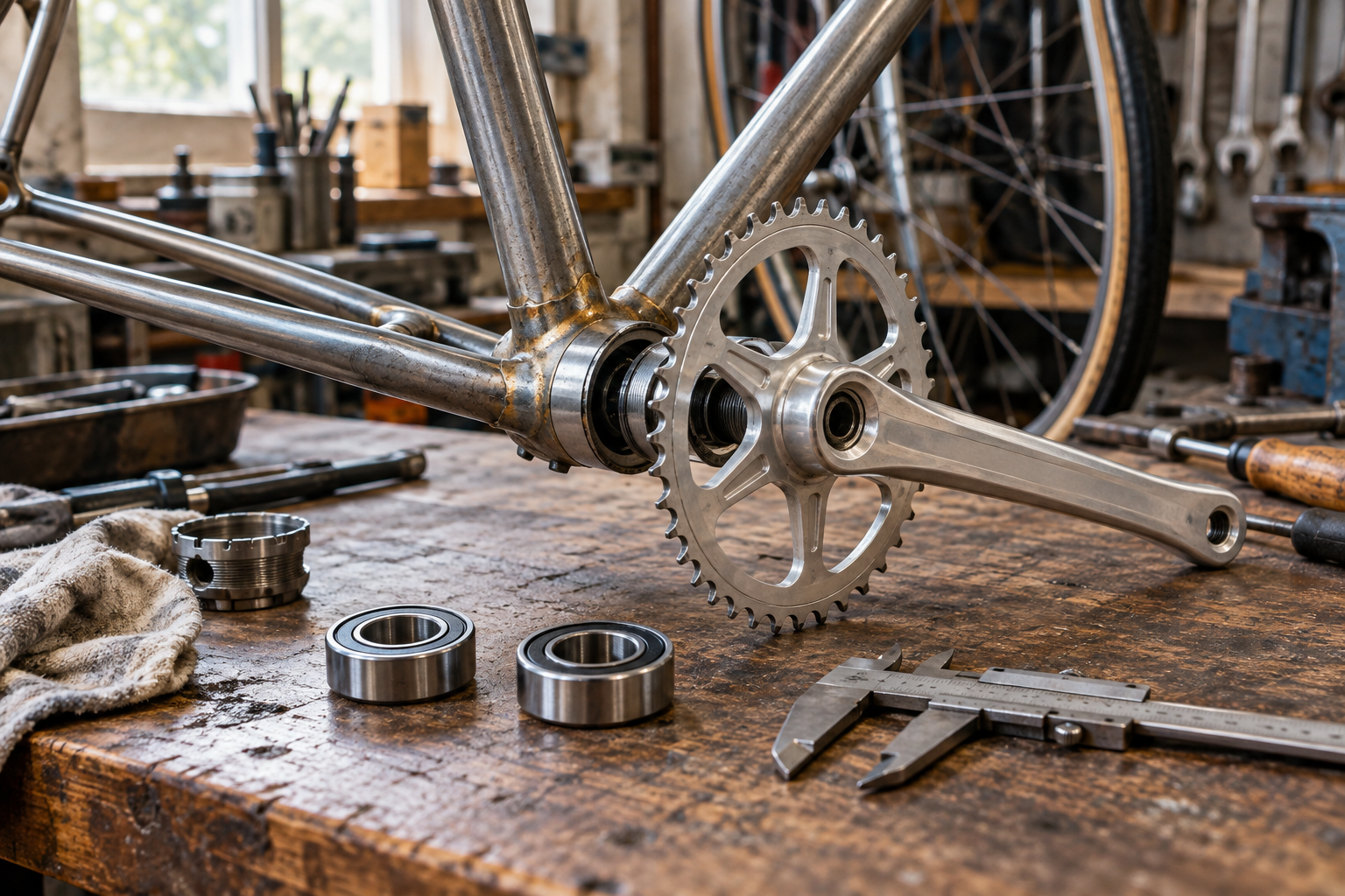 Bicycle cranks, bearings and a measuring tool in a workshop — an illustrative image.