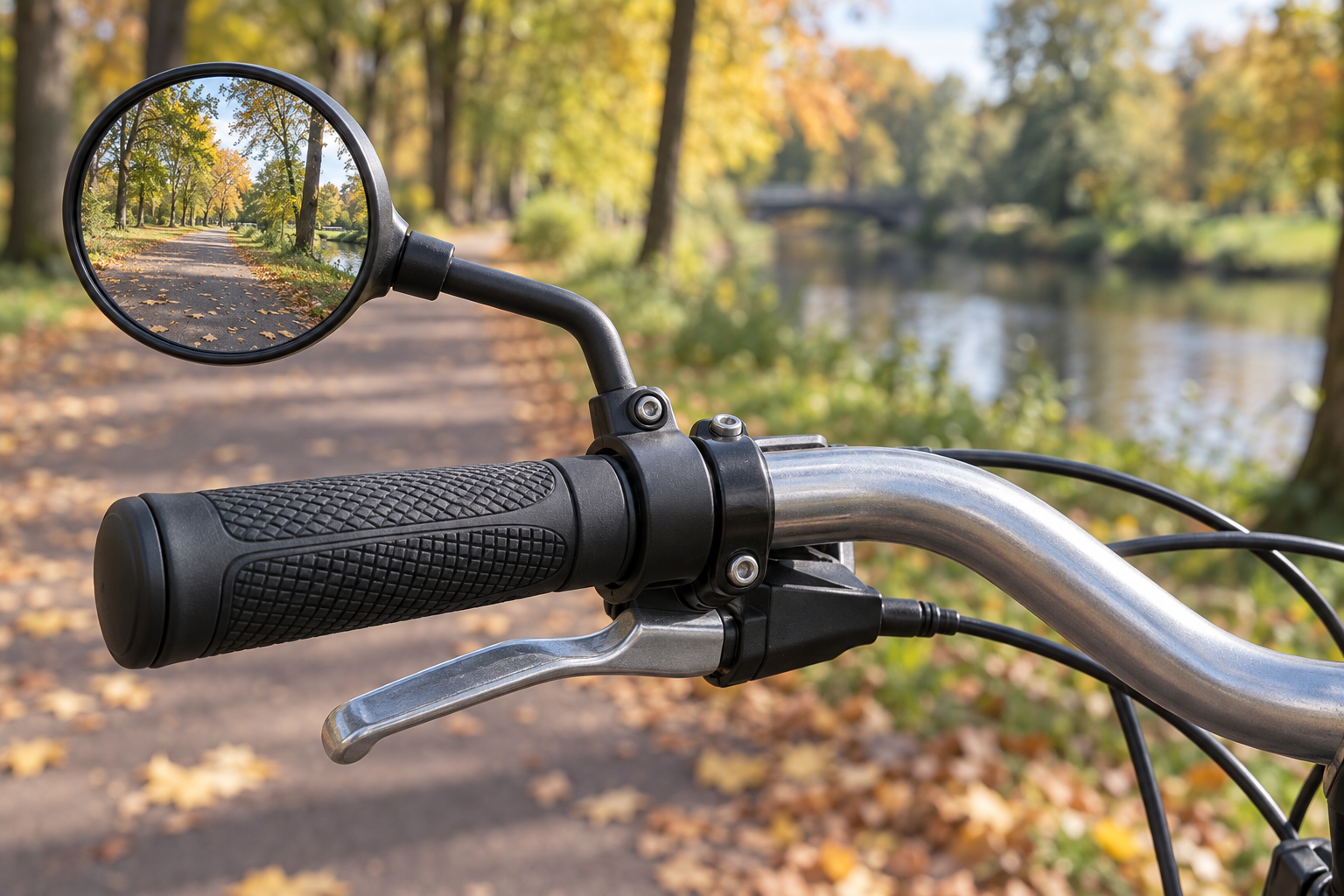 Atpakaļskata spogulis uz pilsētas velosipēda stūres — ilustratīvs attēls.