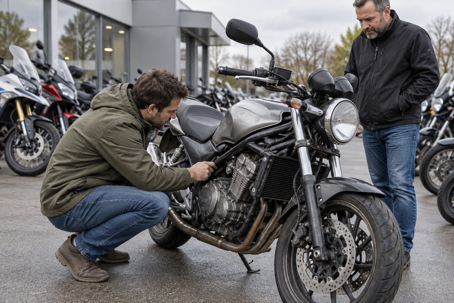 A prospective buyer inspects the frame and engine of a used motorcycle