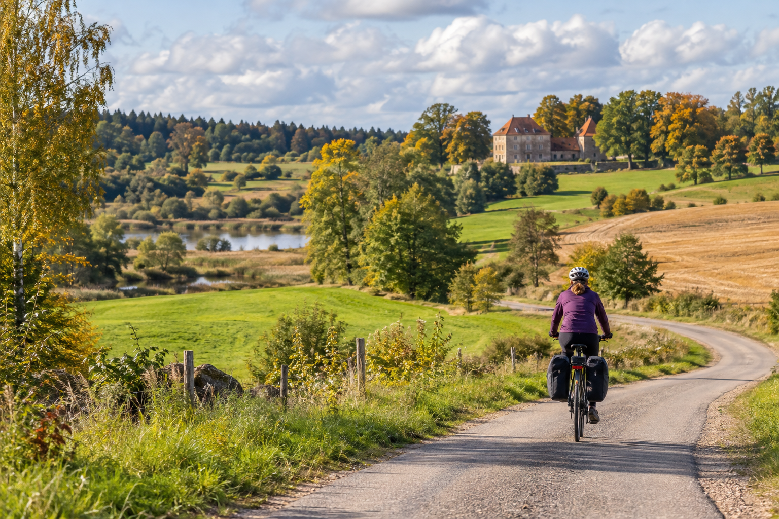 Velobraucēja uz lauku ceļa rudenīgā Kurzemes ainavā