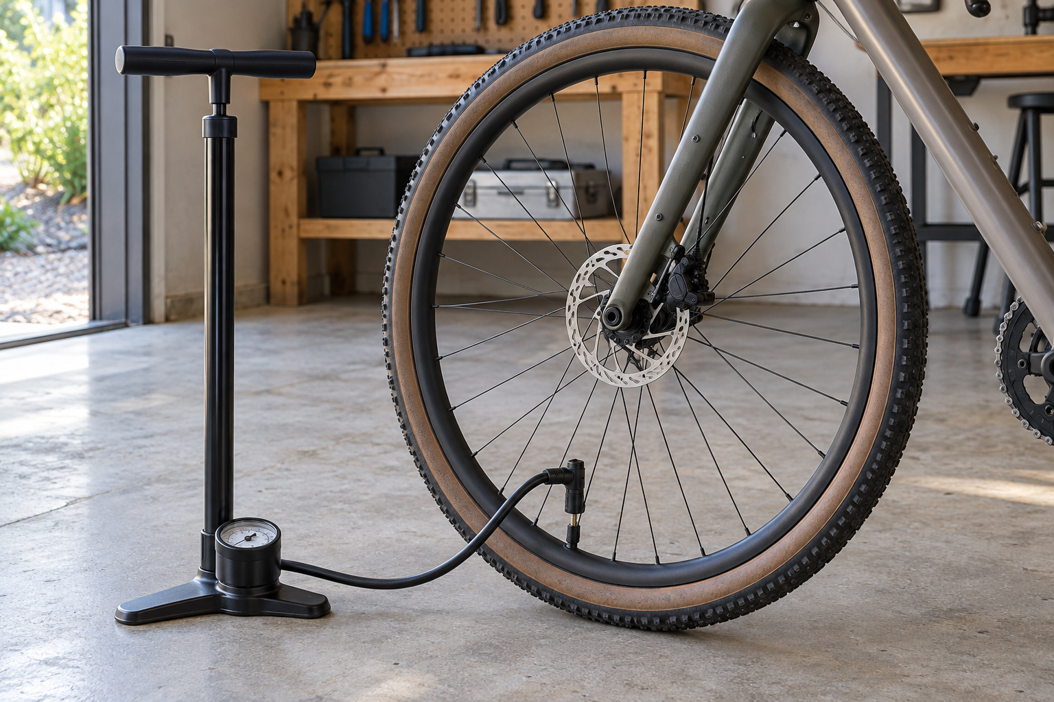 Floor pump with a pressure gauge connected to a bicycle wheel