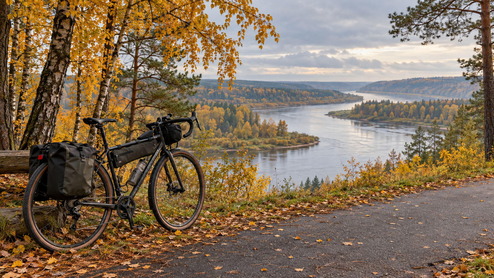 Touring bicycle beside a river and autumn woodland