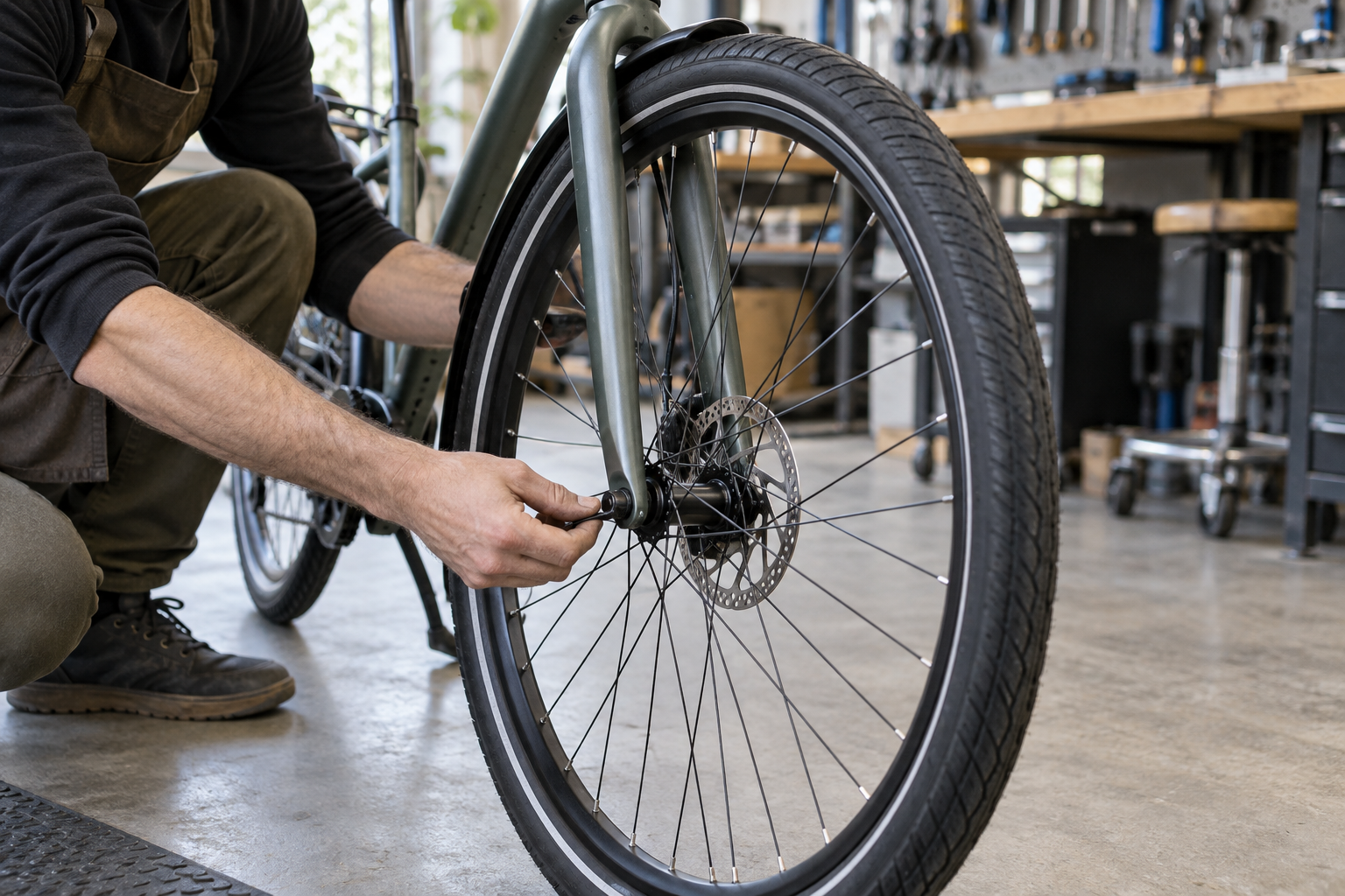 Mechanic secures a bicycle front wheel in a workshop
