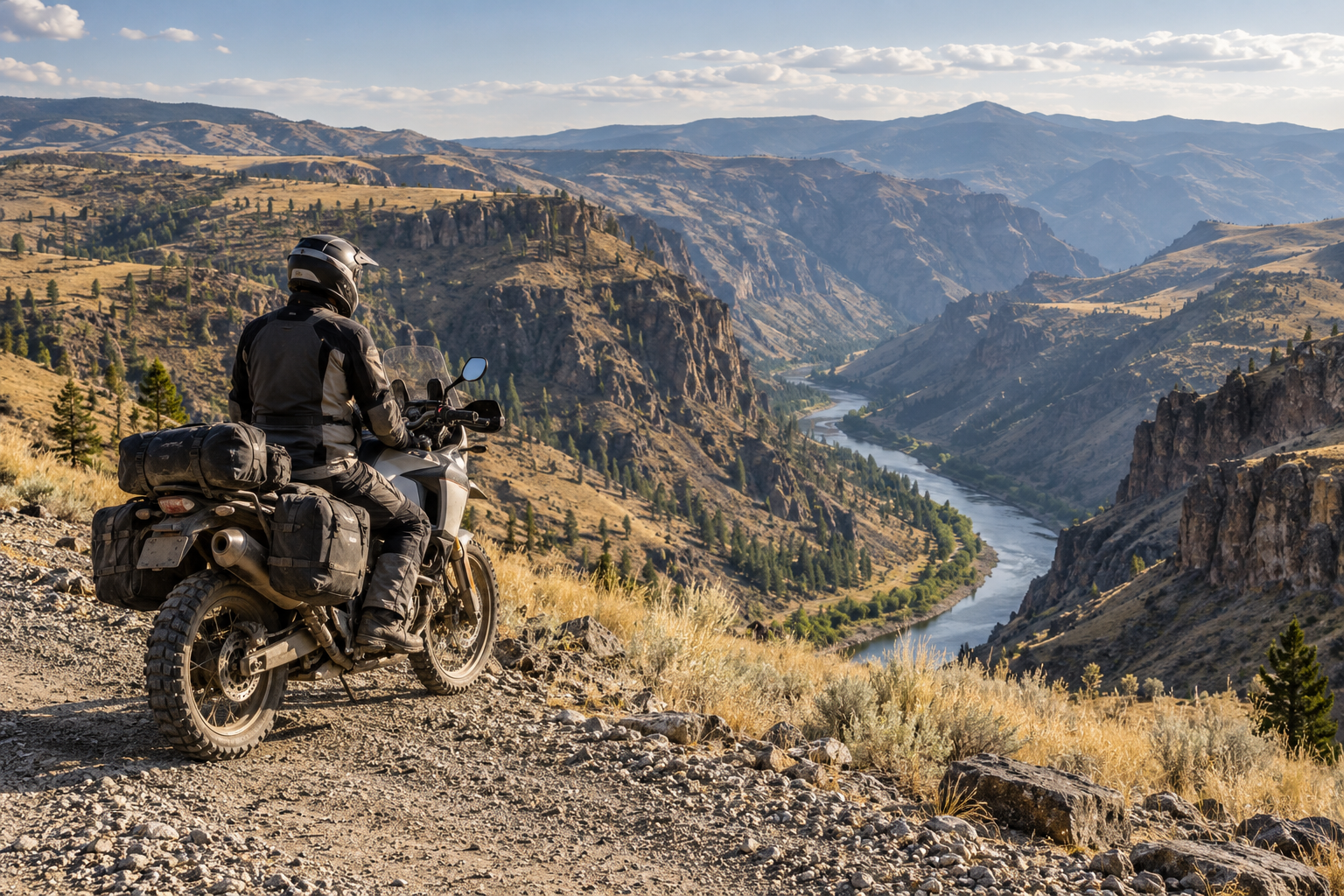 Adventure motorcyclist on a gravel road above a deep canyon