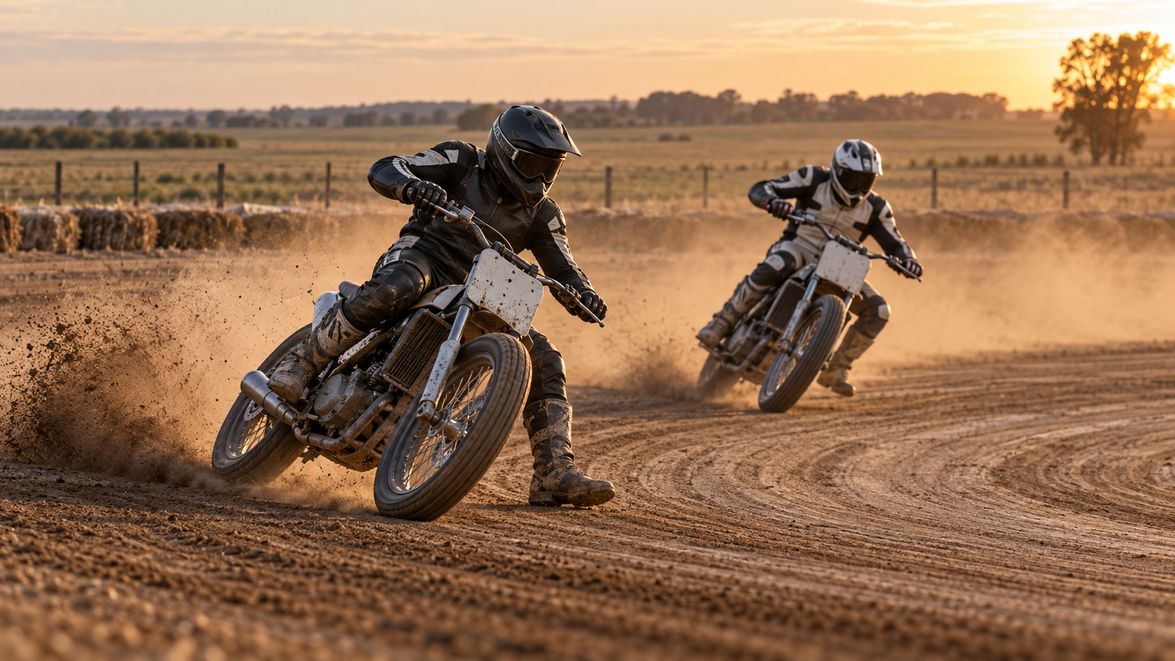Two motorcycle racers turn through a dusty dirt oval