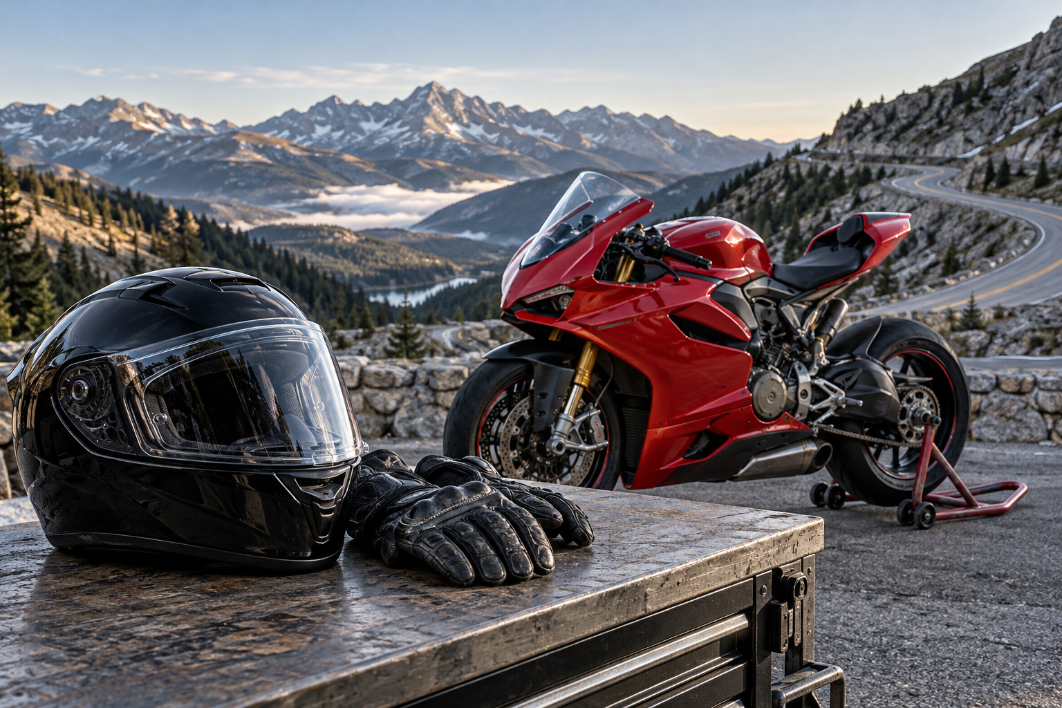Illustrative motorcycle hill-climb scene with a helmet, gloves and sport motorcycle.