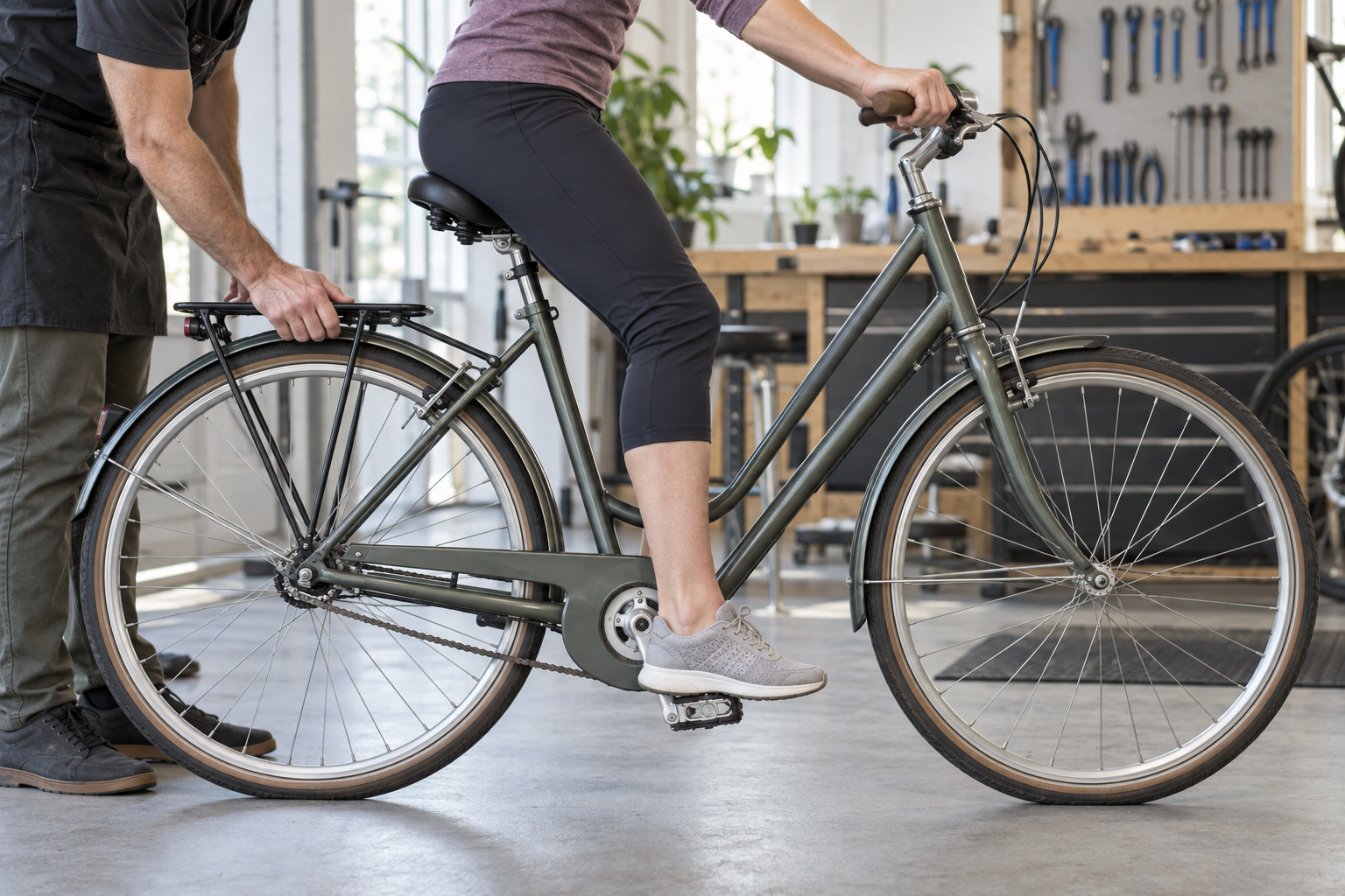 Cyclist checks leg position on a pedal in a workshop