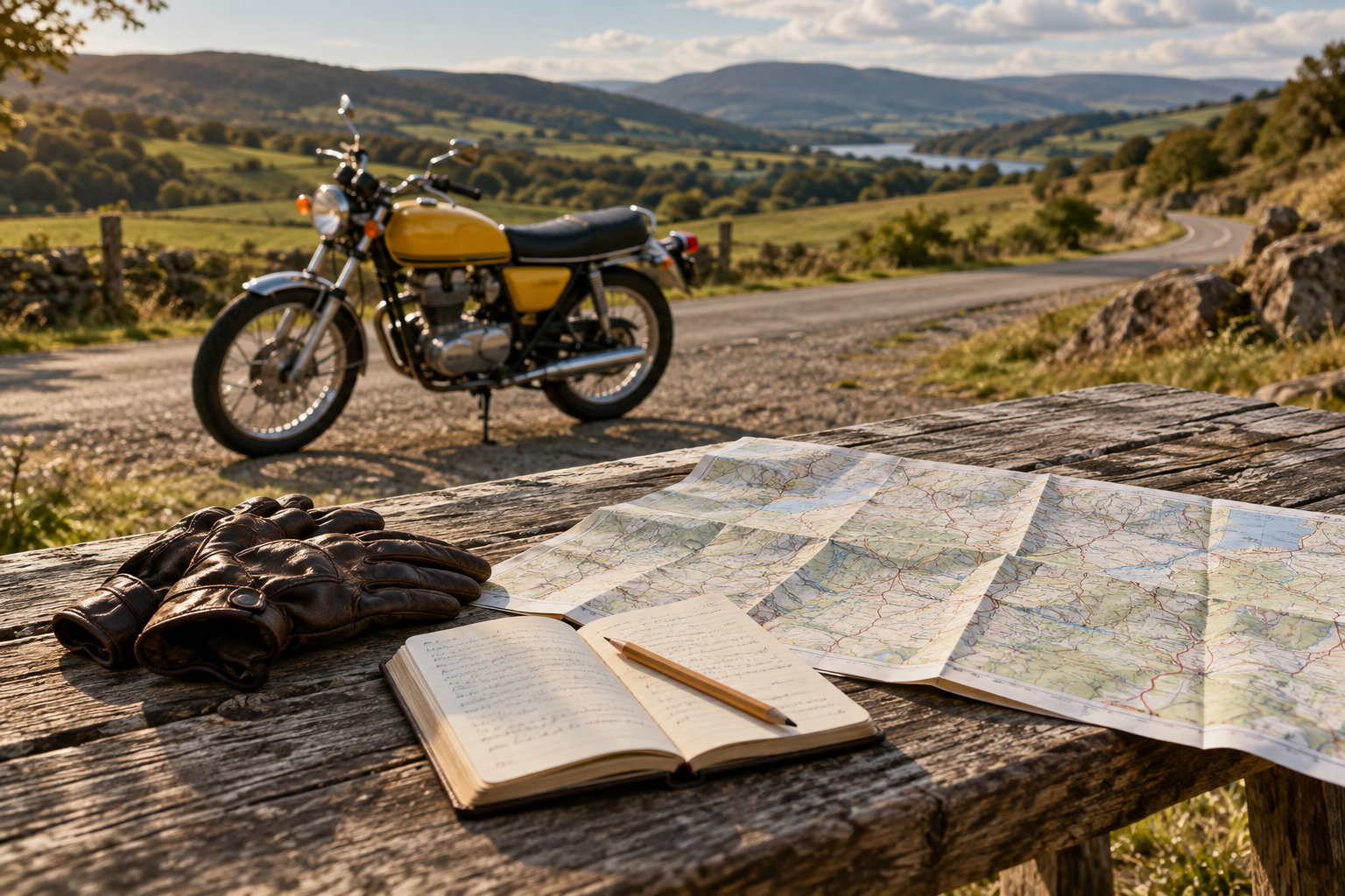 Map, notebook and a motorcycle beside a rural road — an illustrative image.