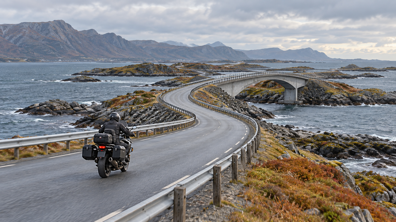 A motorcyclist crosses coastal islets on a road and bridge above the sea.