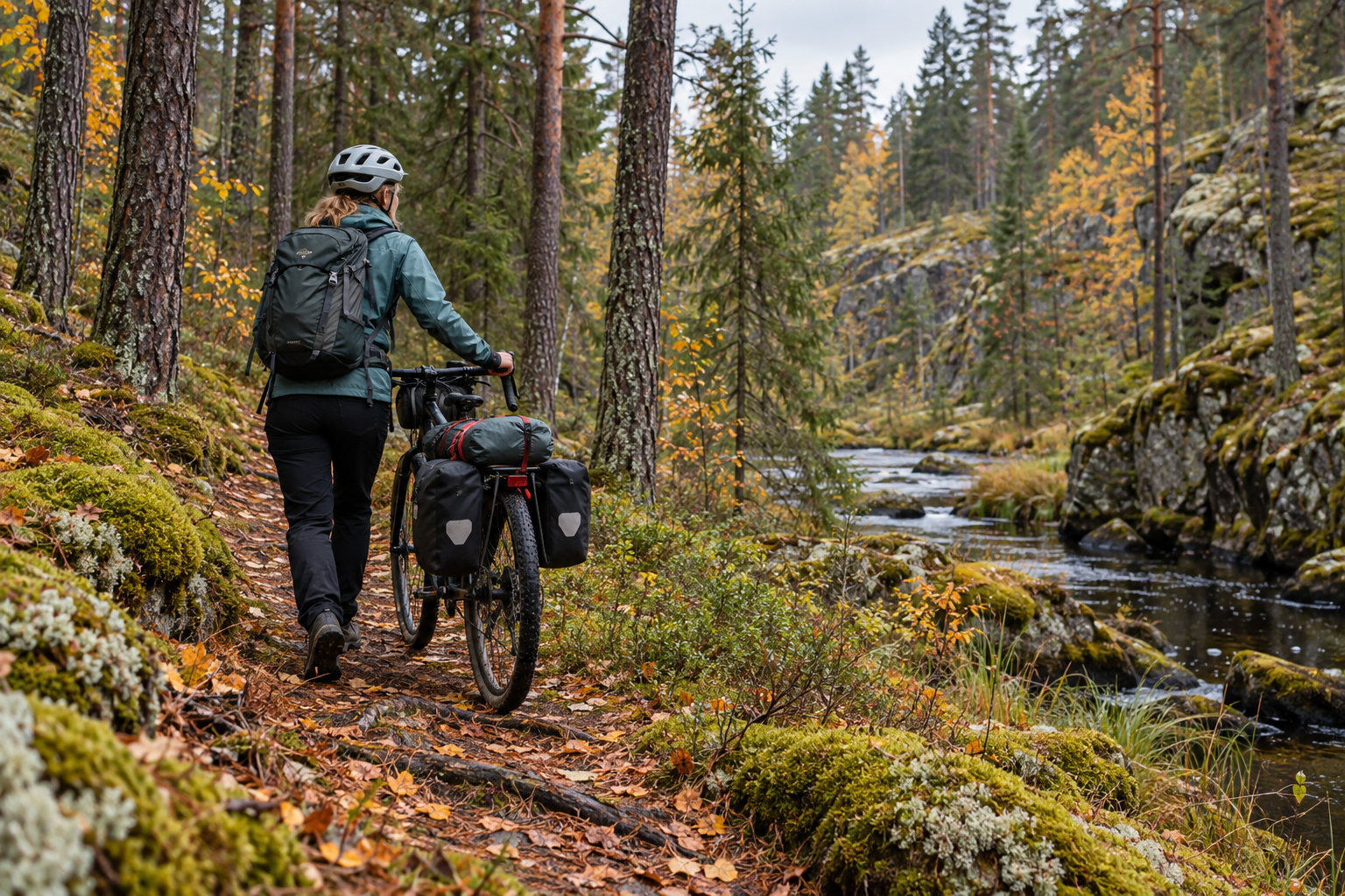 A rider walks a touring bicycle along a narrow forest trail