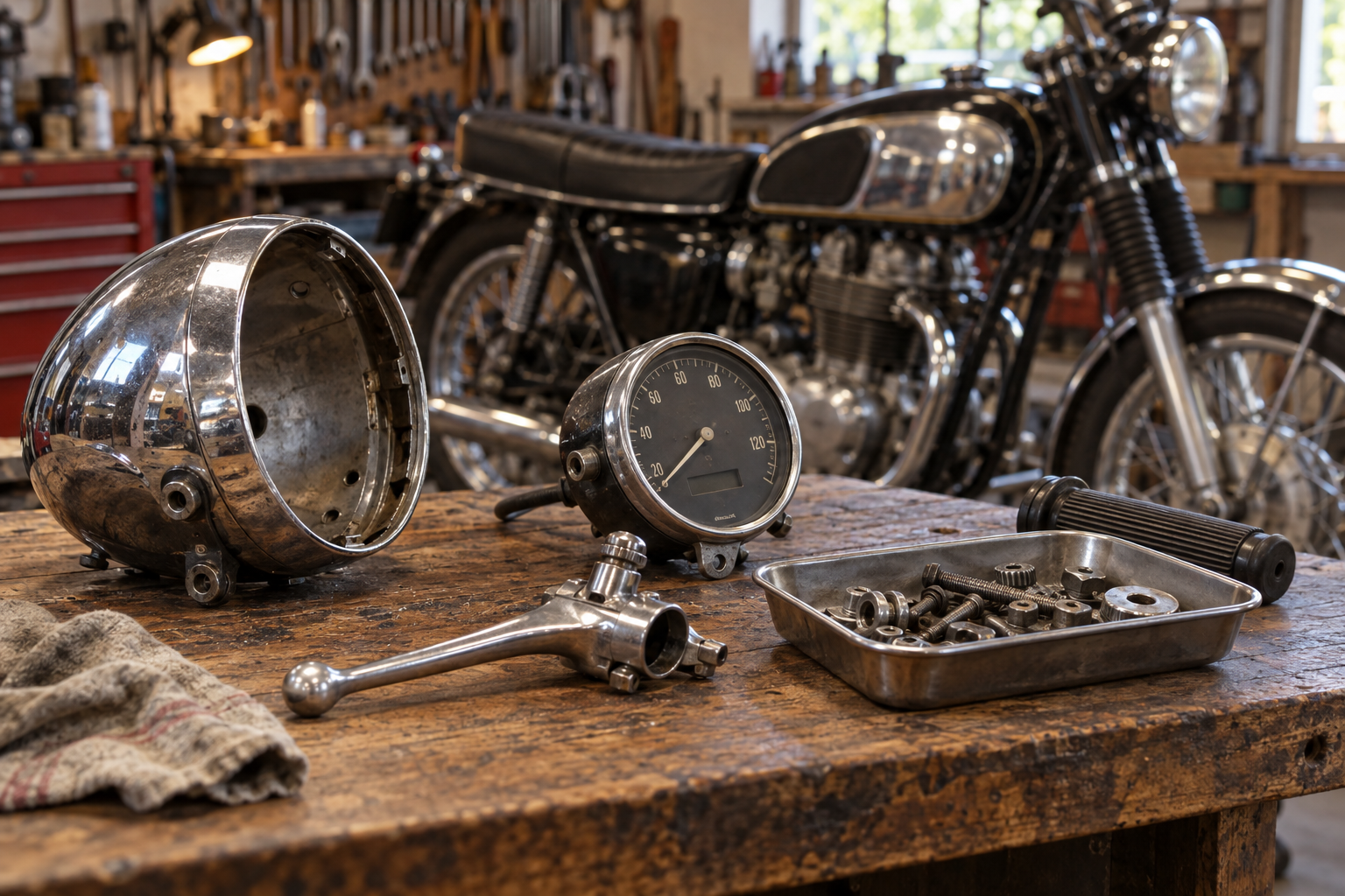 Classic motorcycle components on a workshop bench