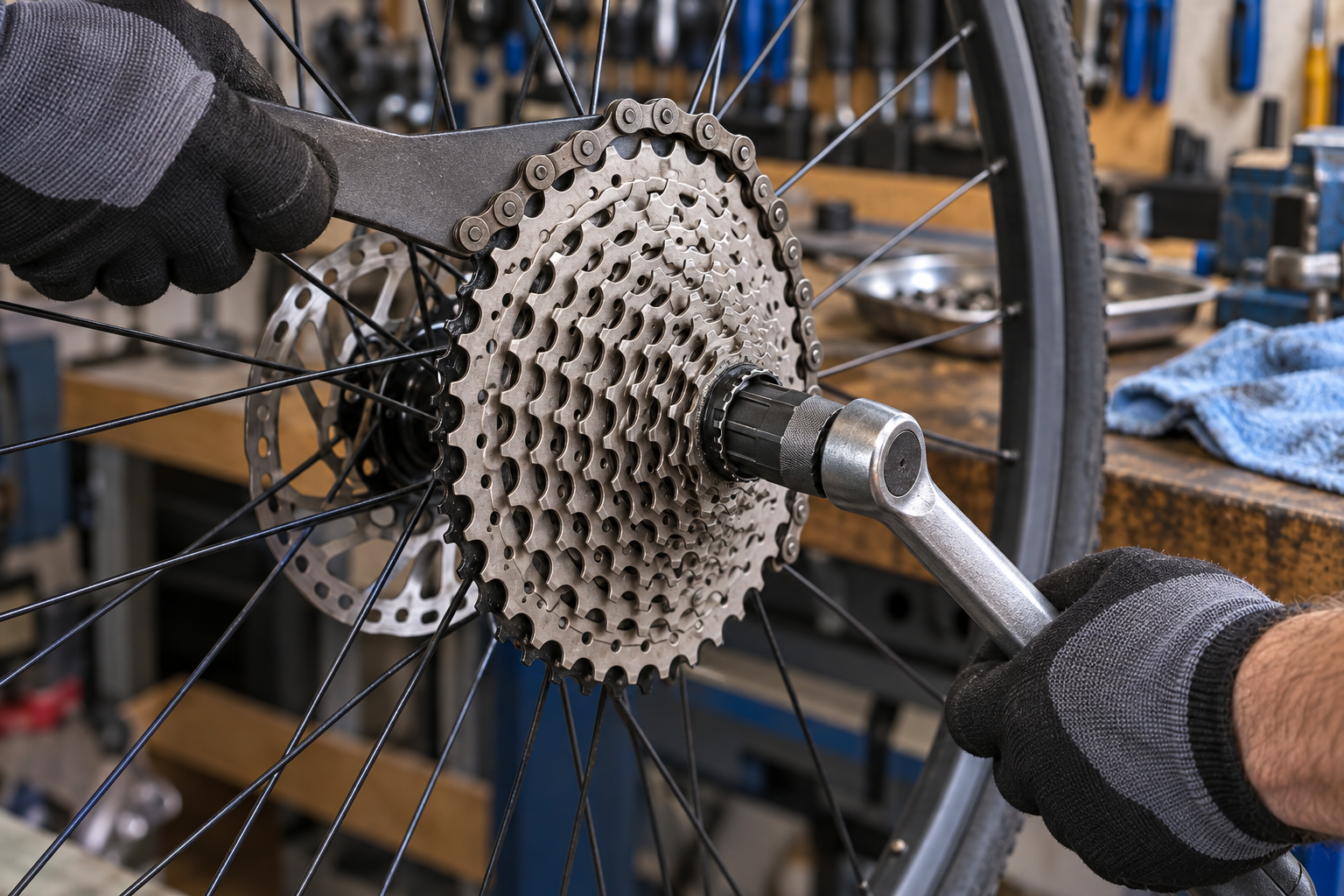A mechanic works on a bicycle rear-wheel cassette with workshop tools
