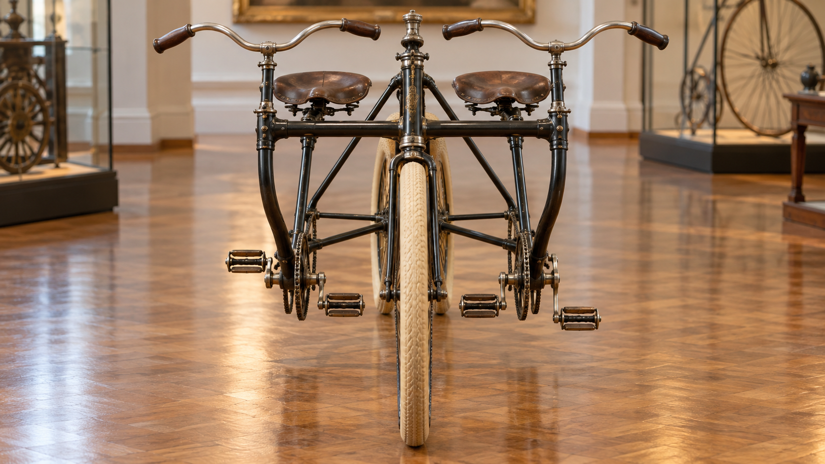 A two-person bicycle with side-by-side saddles in a museum