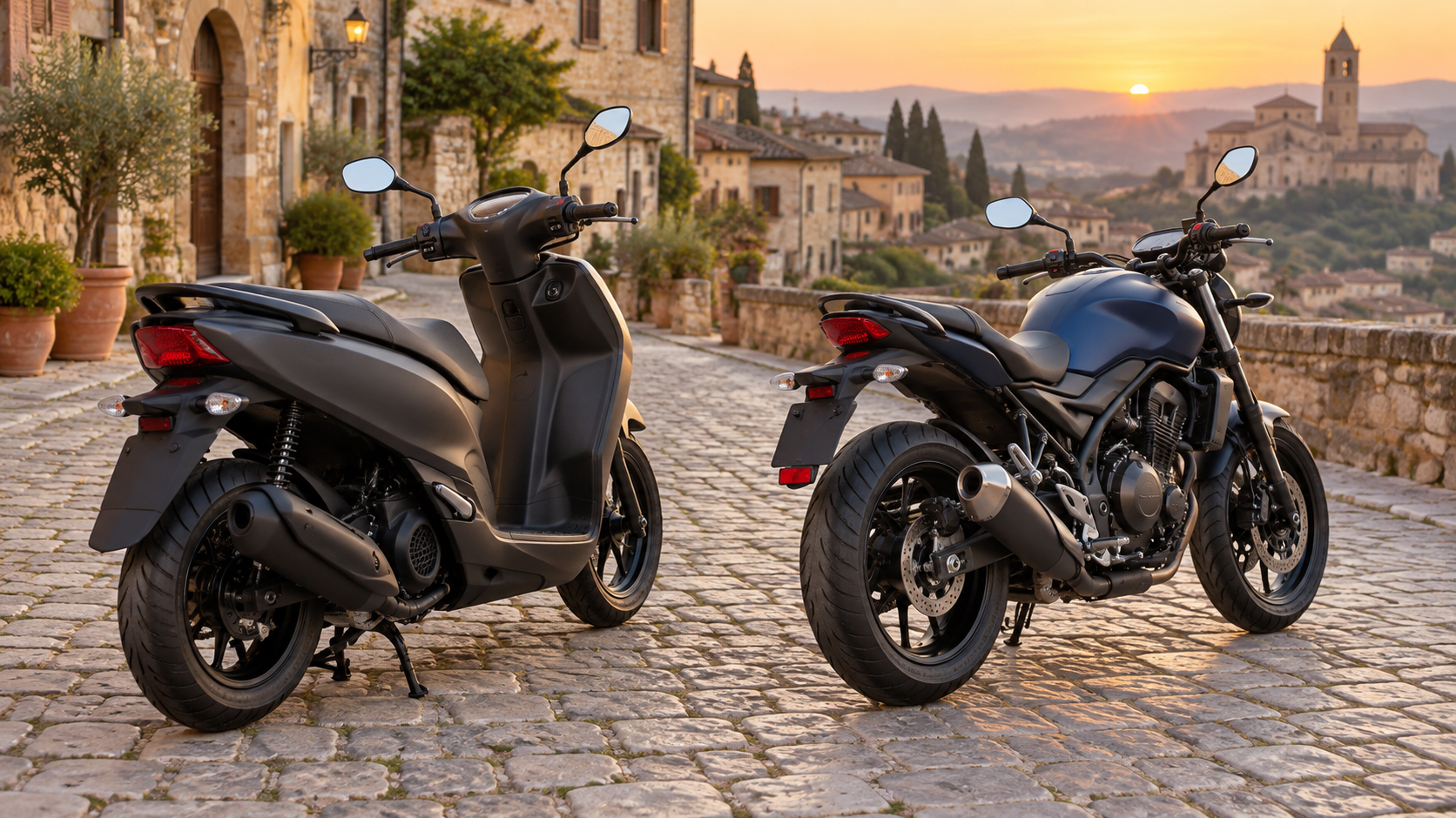 Skūteris un motocikls novietoti līdzās Itālijas pilsētiņā