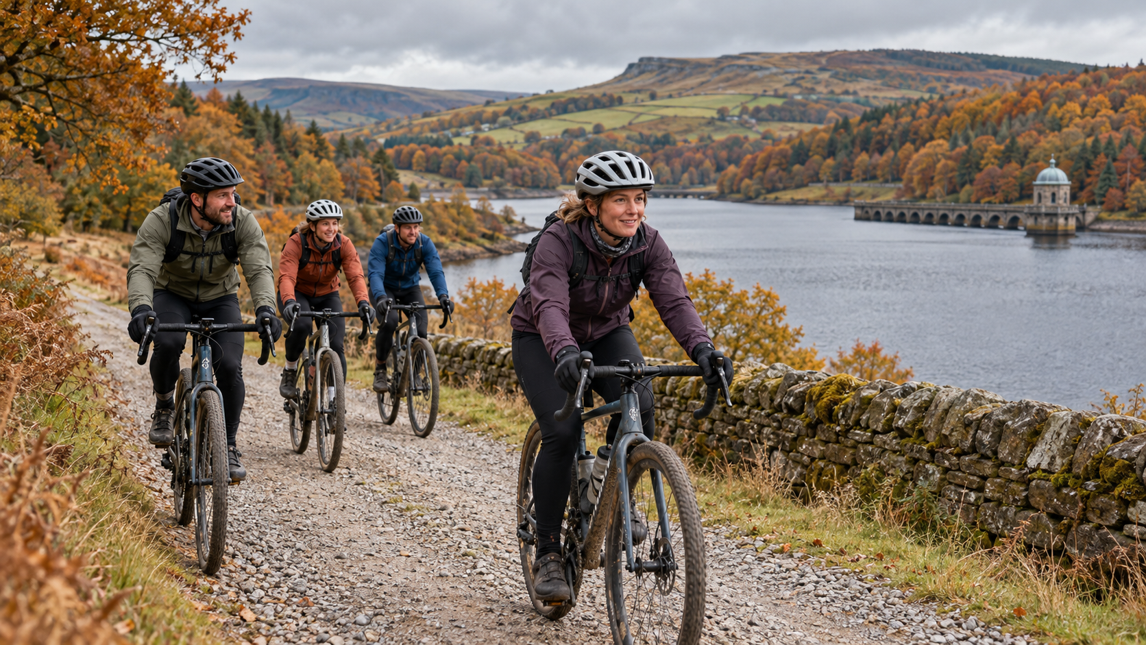Cyclists riding a gravel path beside a reservoir in autumn