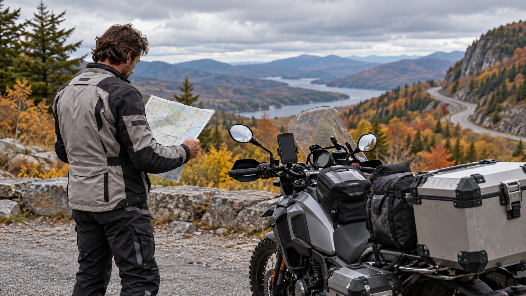 A motorcyclist checks a road map at a stop