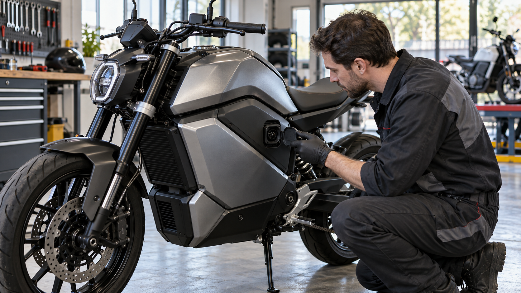 A charging-port inspection on an electric motorcycle in a workshop