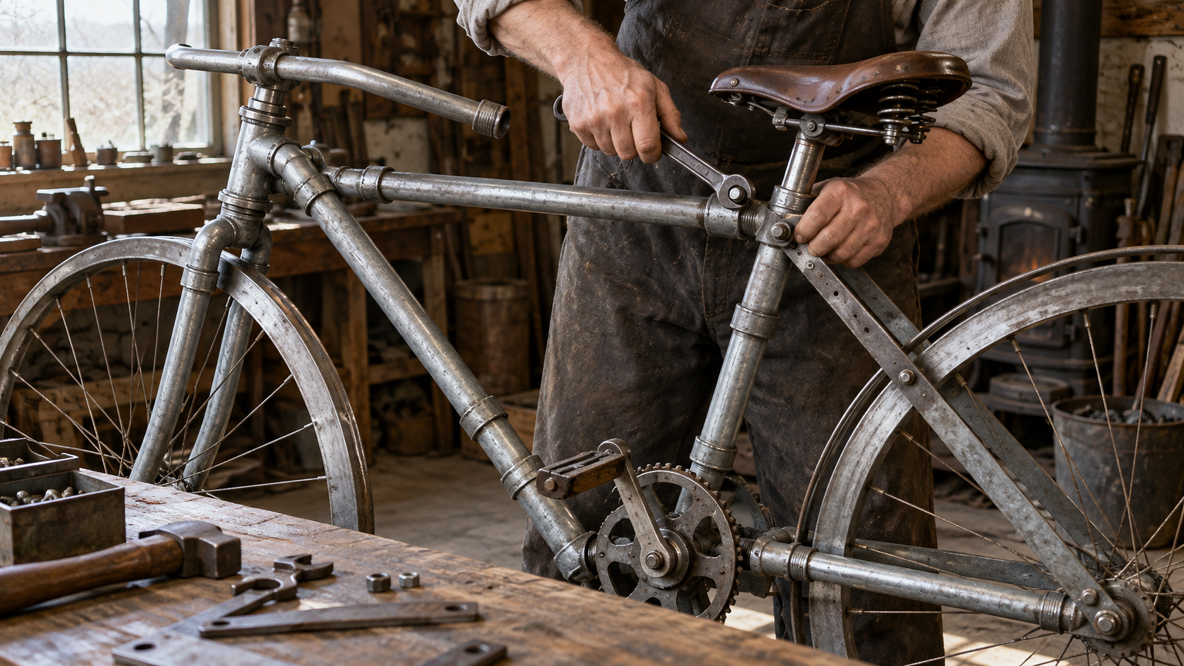 A period-style home workshop scene with a bicycle assembled from metal pipes