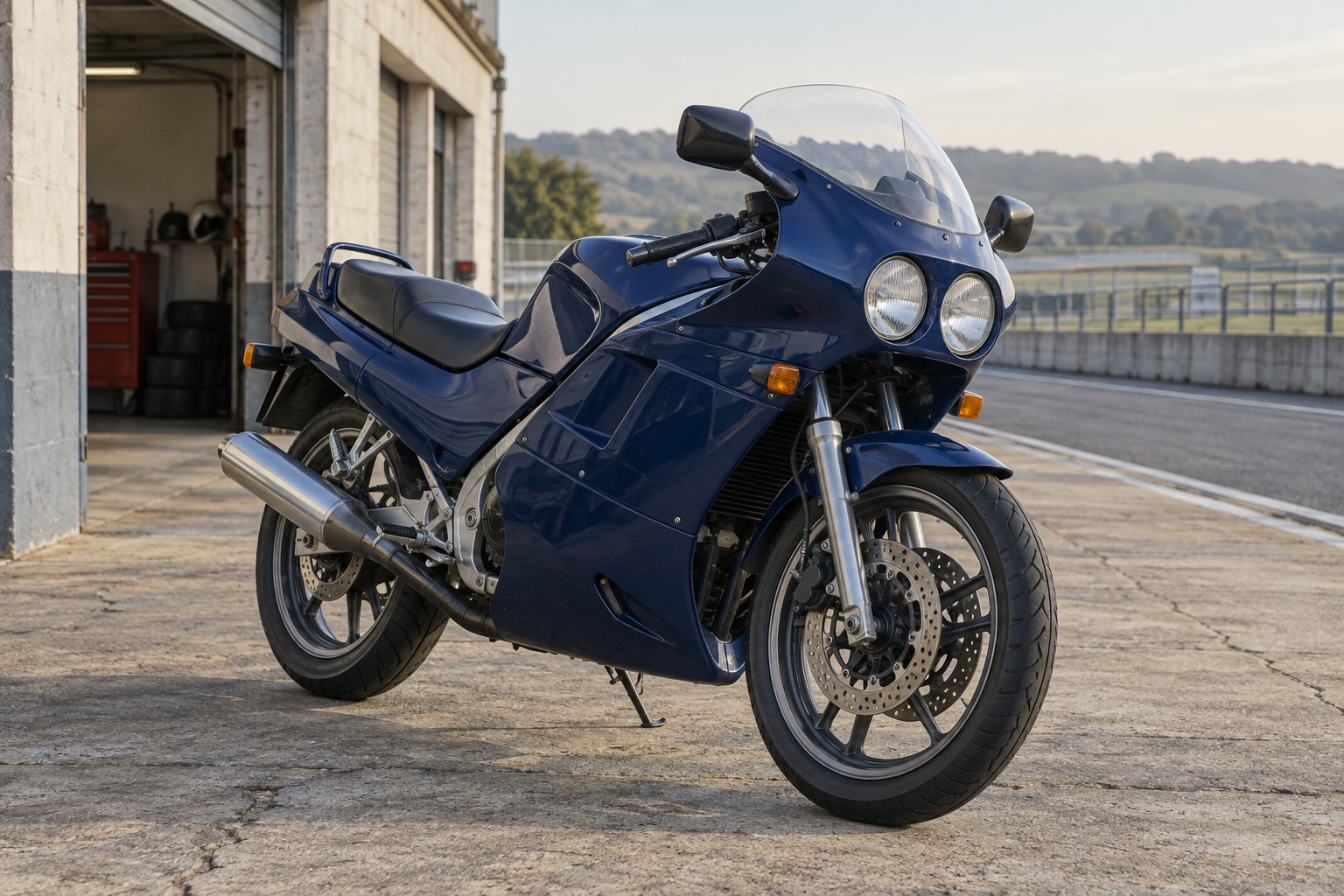 Illustrative 1980s-style sport motorcycle beside circuit pit garages