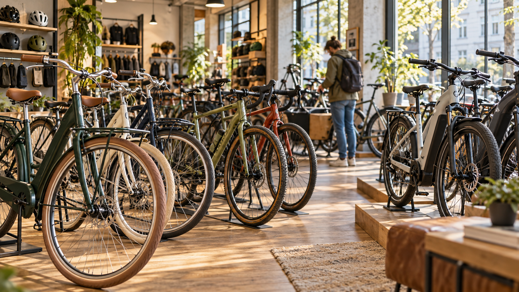 Dažādu velosipēdu modeļi veikala ekspozīcijā