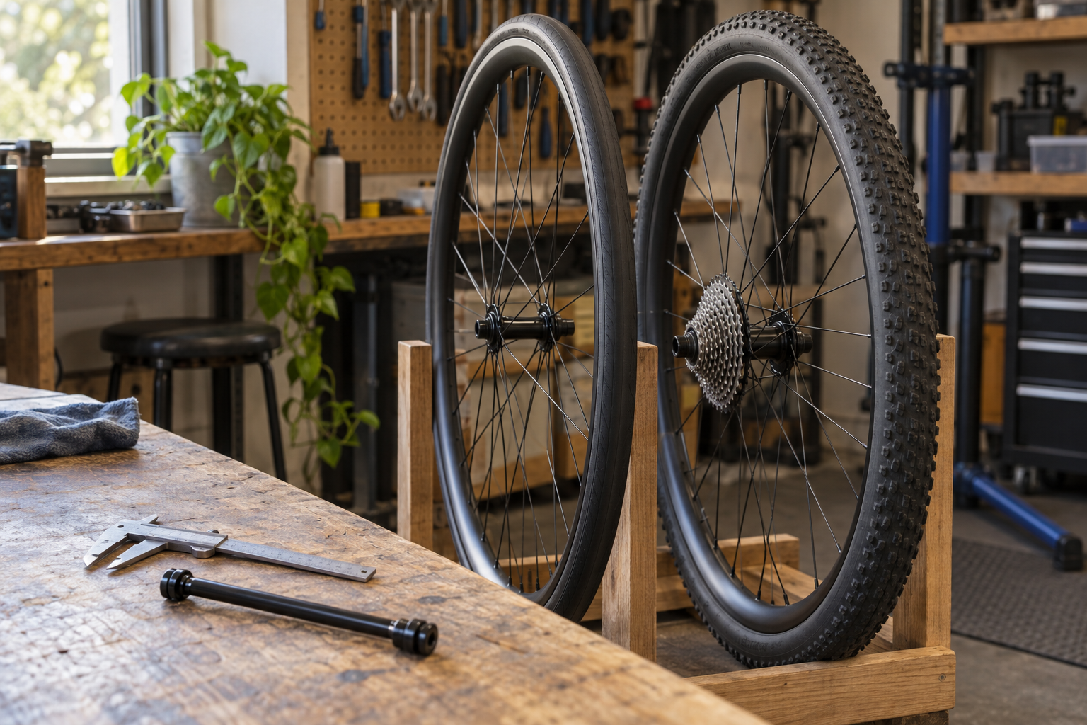Velosipēda rati un mērinstruments darbnīcā