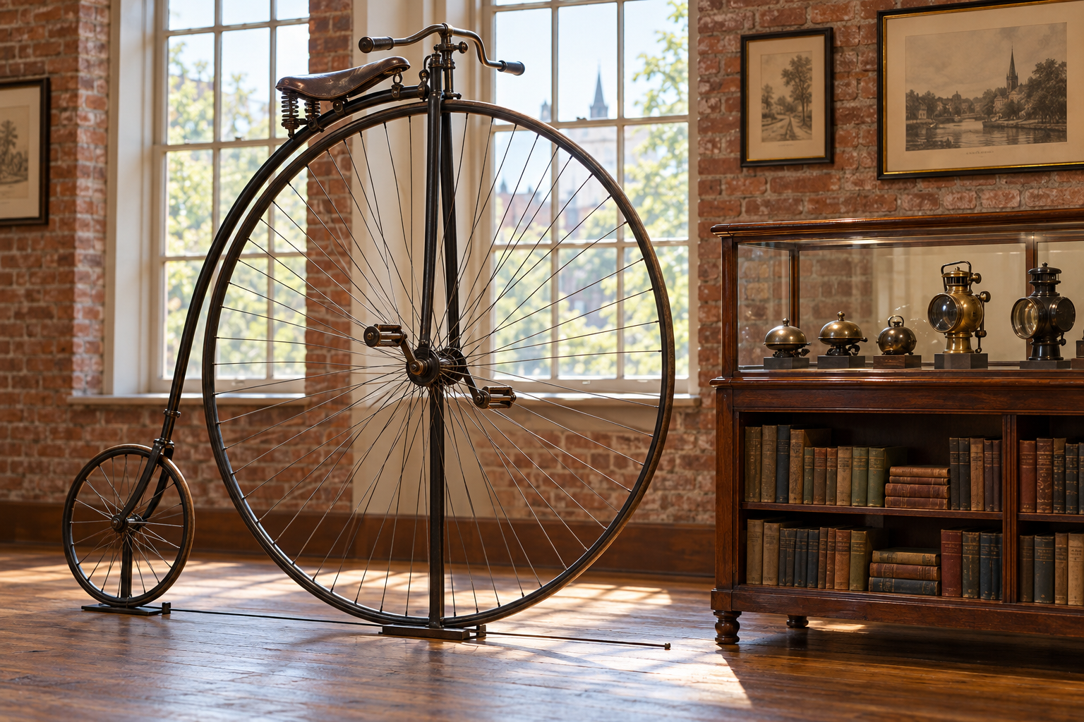 Illustrative bicycle-history display with a penny-farthing, lamps and books; not the actual Velorama interior.