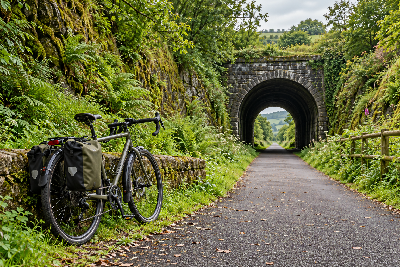 A touring bicycle beside a leafy railway-trail tunnel — an illustrative image.