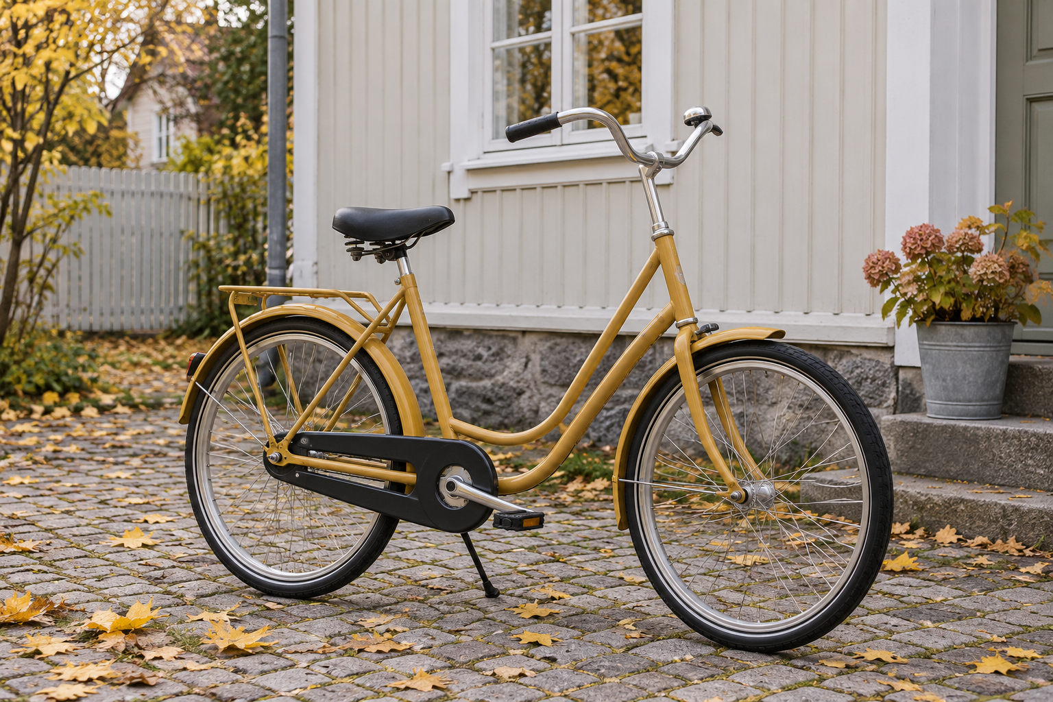 Illustrative city bicycle beside a timber house in autumn.