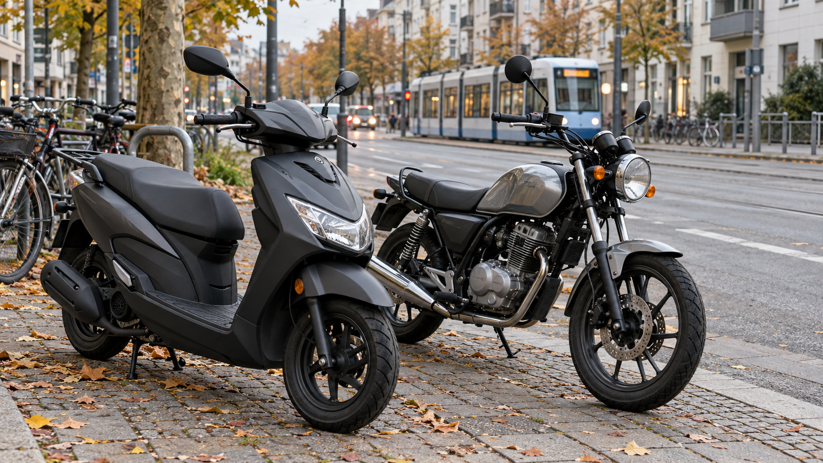 A small motorcycle and a scooter on a German city street