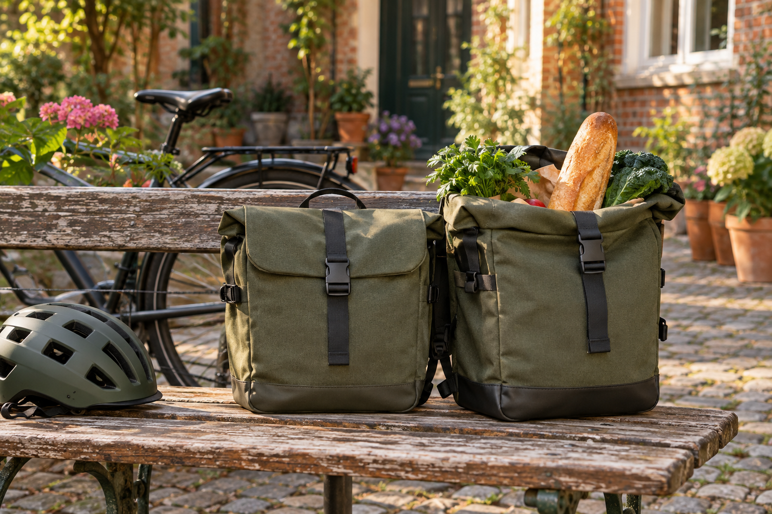 Bicycle panniers with everyday shopping on a courtyard bench. Illustrative image.