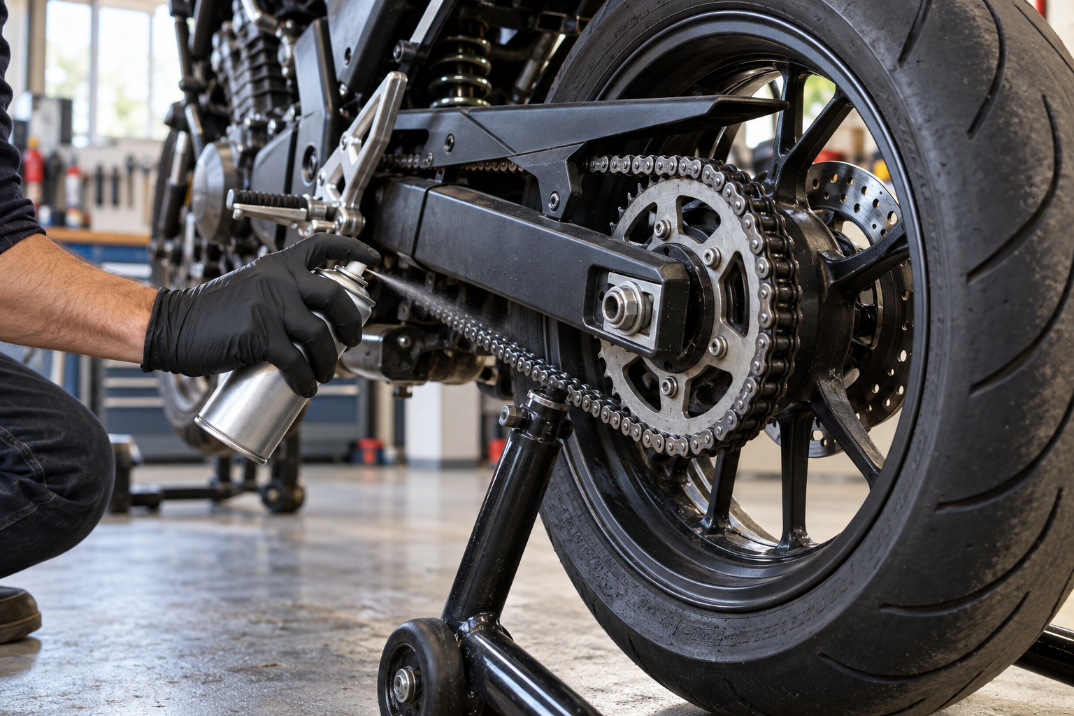 A mechanic lubricating a motorcycle drive chain in a workshop