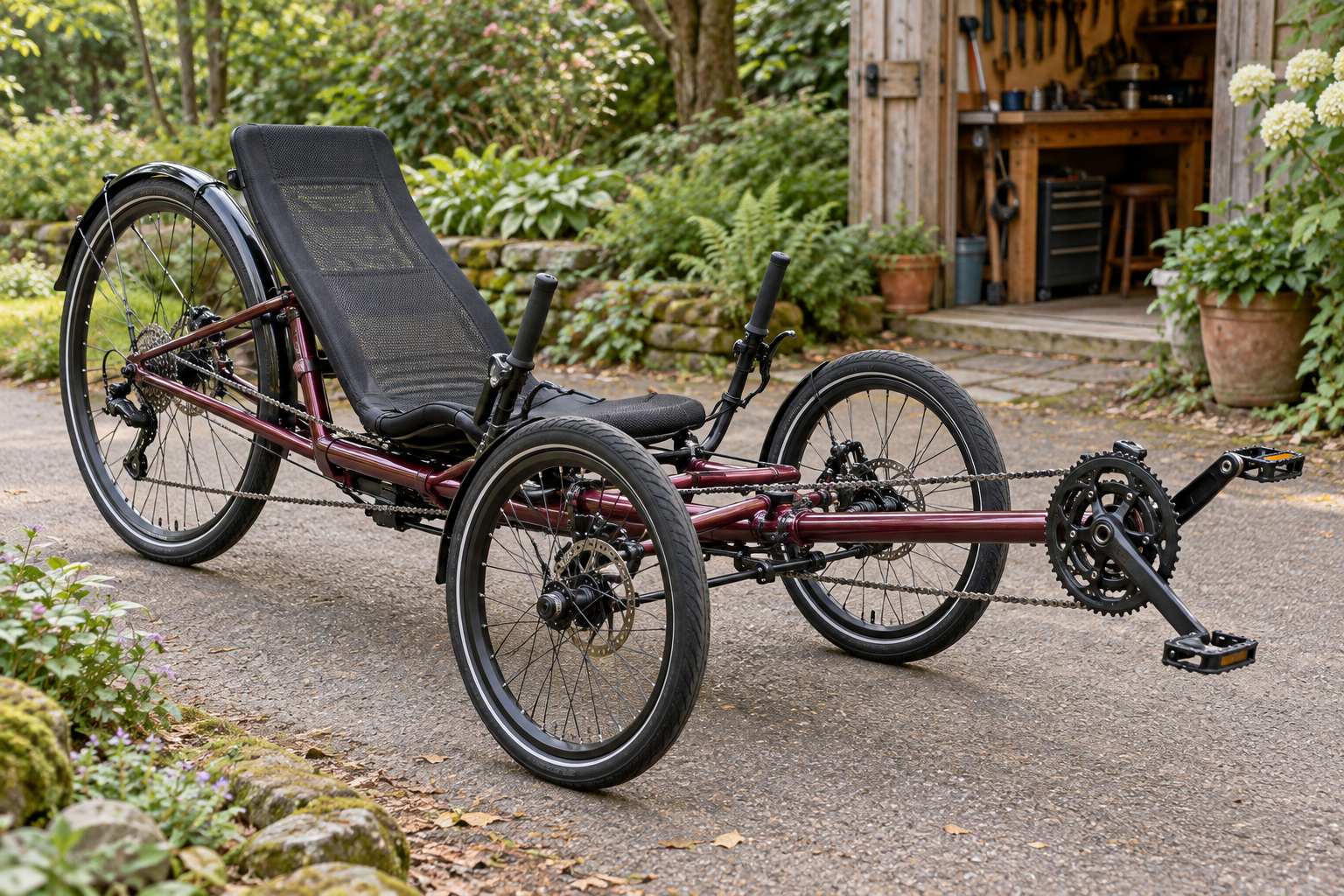 Illustrative view of an unbranded recumbent tricycle beside a workshop.