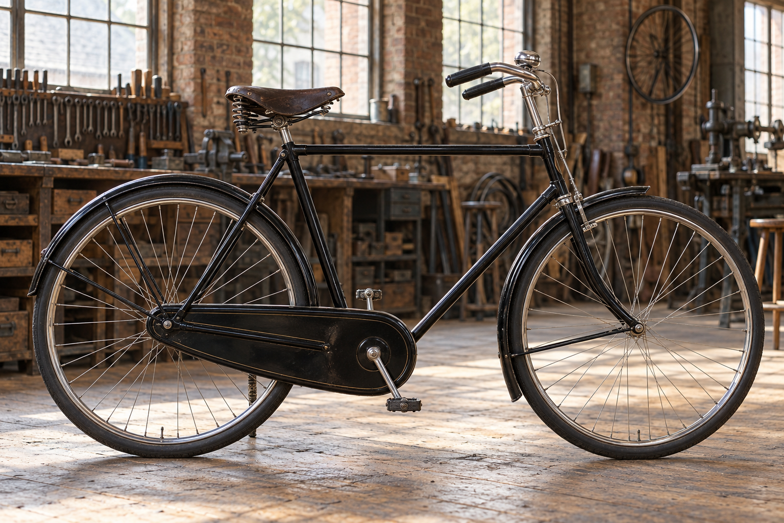 A classic black steel bicycle in a brick workshop