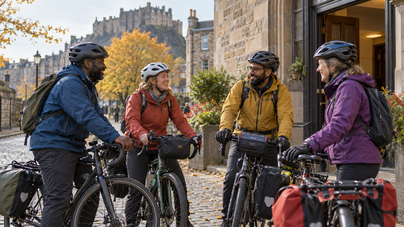 Cyclists with touring bicycles talking on a Scottish city street