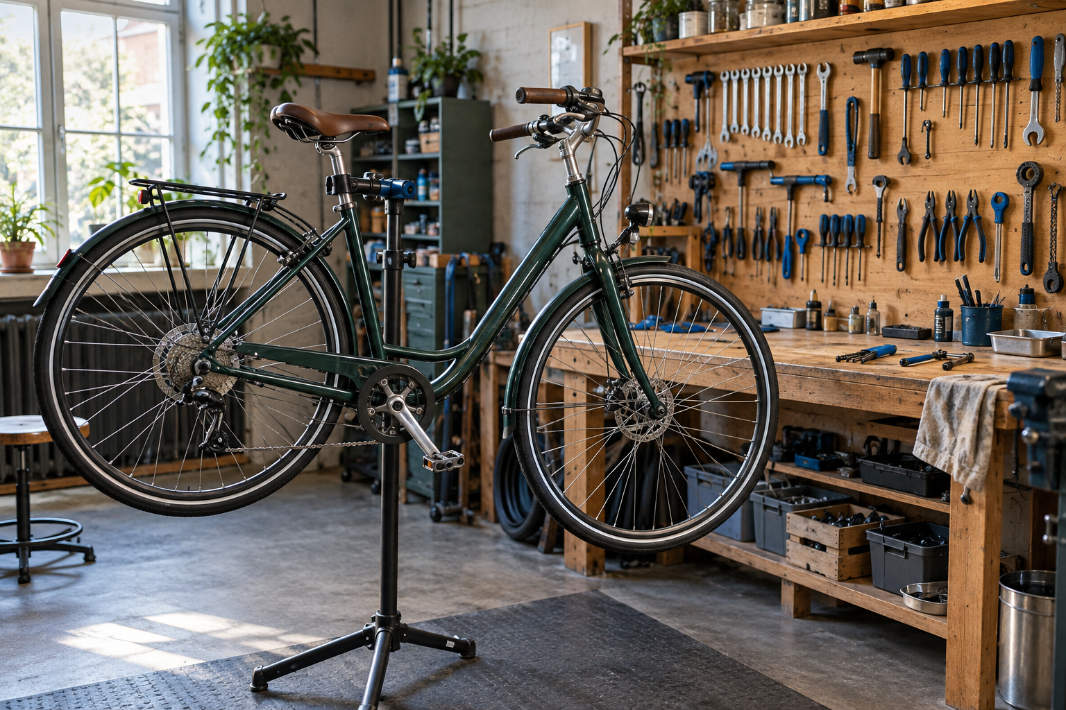 A bicycle in a repair stand beside a workshop tool wall. Illustrative image.
