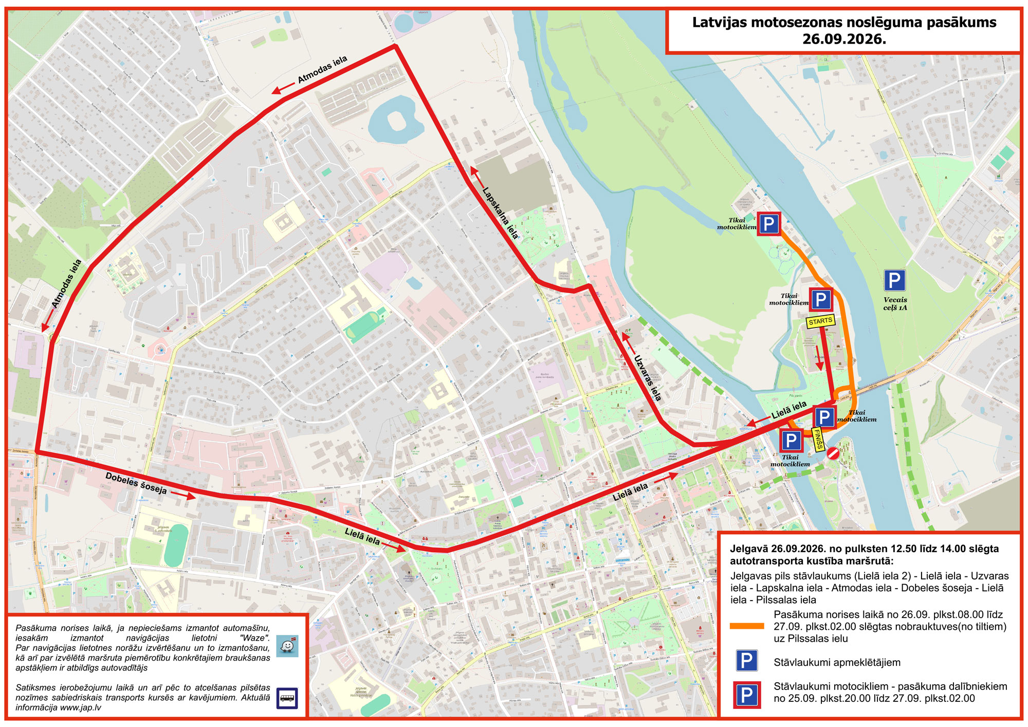 Official September 26 parade map showing the start at Jelgava Palace and visitor parking at Vecais ceļš 1A