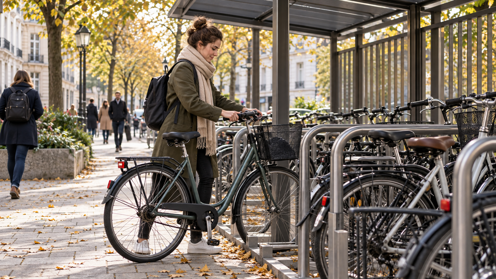 A cyclist beside covered bicycle parking on a city street