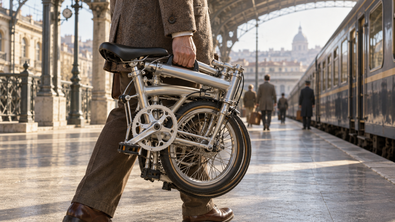 A traveller carrying a folded bicycle along a railway platform